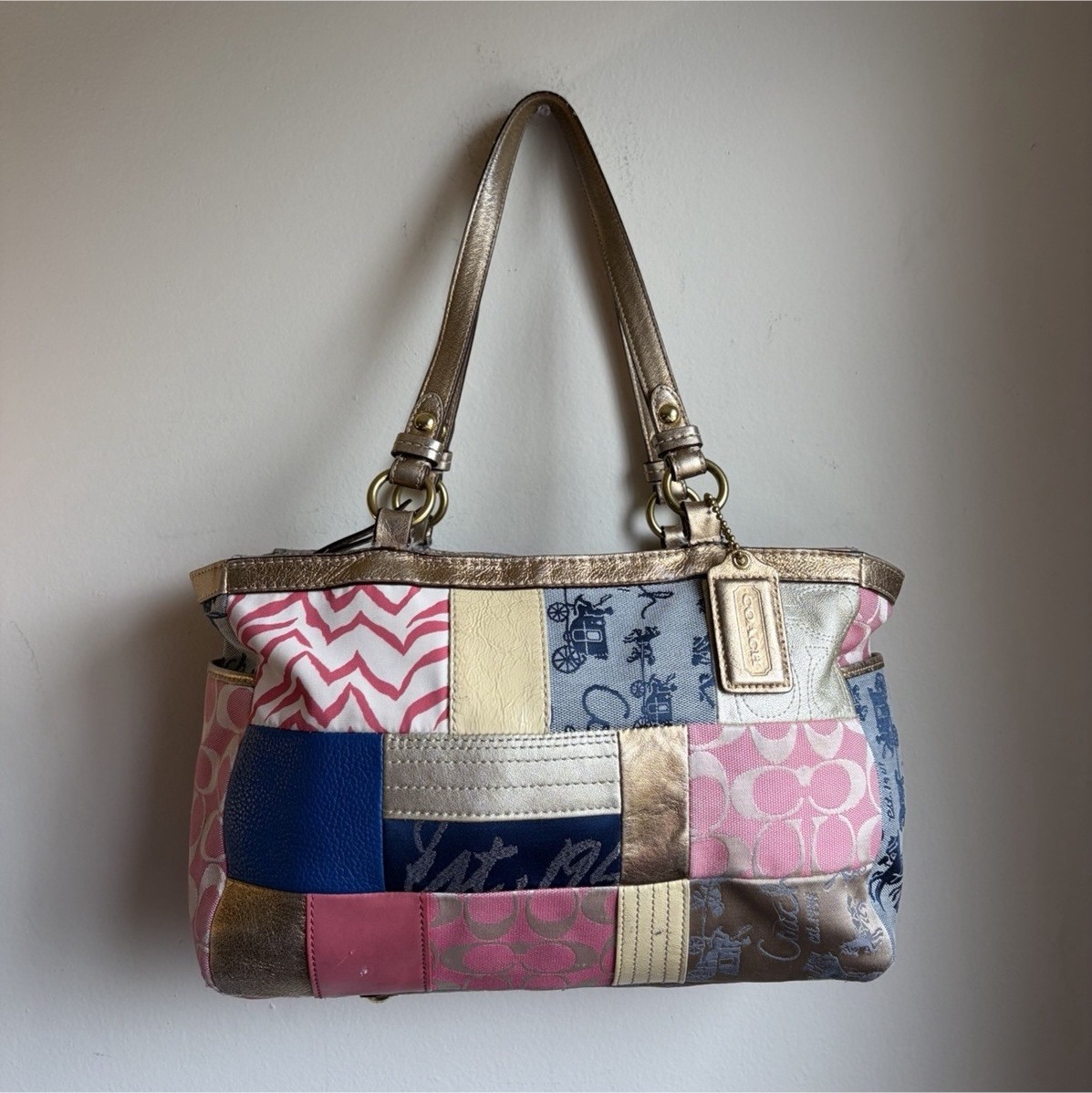 Vintage 2000s Y2K Coach Pink Hampton Spring Patchwork Tote Bag
