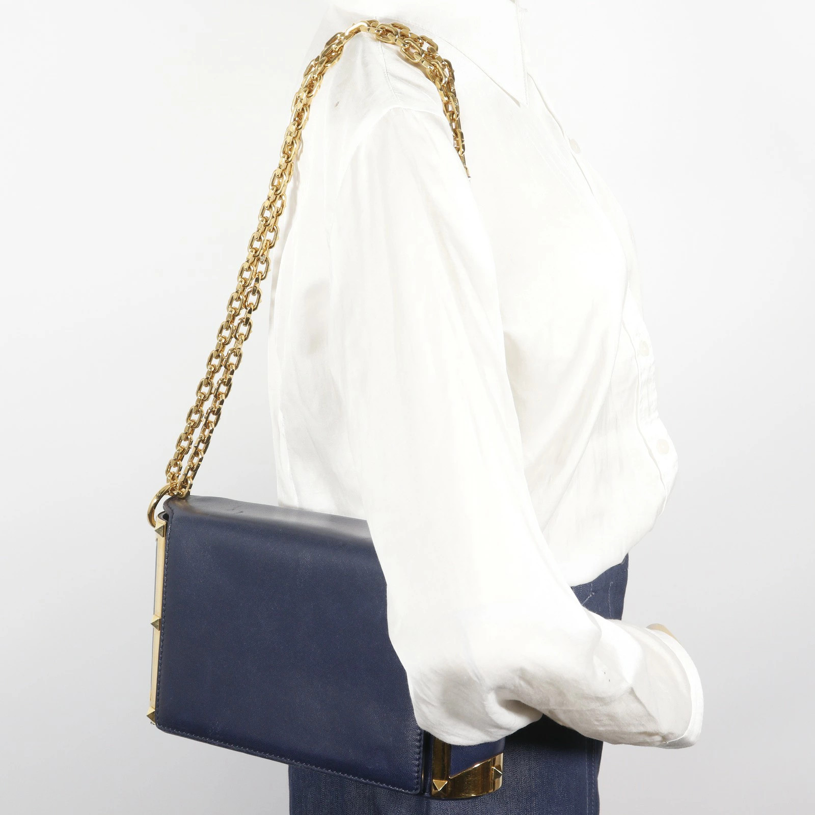 Valentino Garavani Studs Chain Shoulder Shoulder Bag Lambskin Navy Blue #NB2172