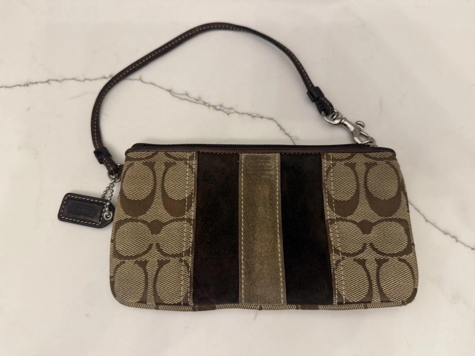 COACH Wristlet Signature Pouch Monogram Top Zip Canvas Brown Leather Size 7×4