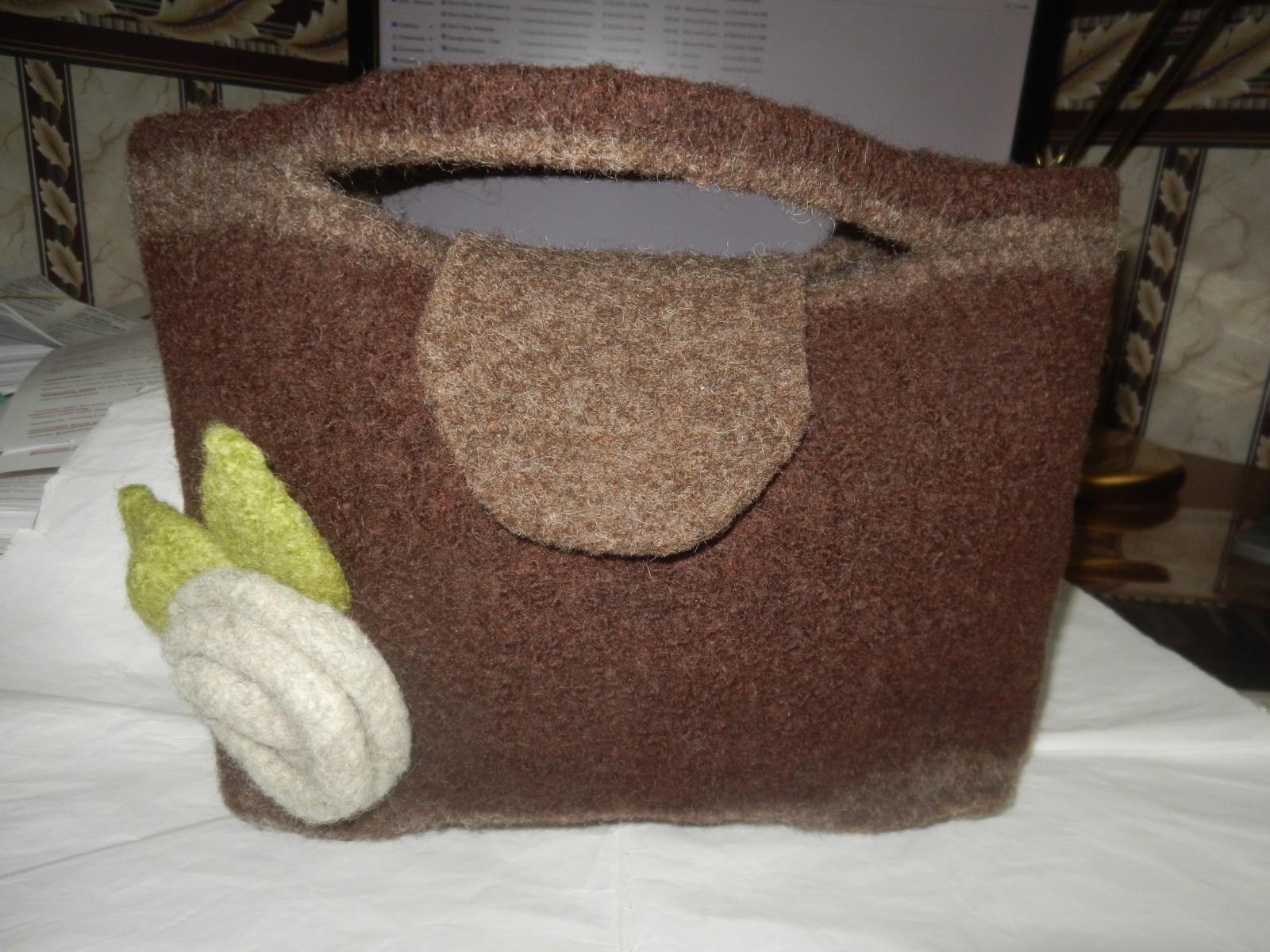 Boho Handmade Felt Boiled Wool Purse Handbag Bible Bag Brown w/Grey/Lime Flower