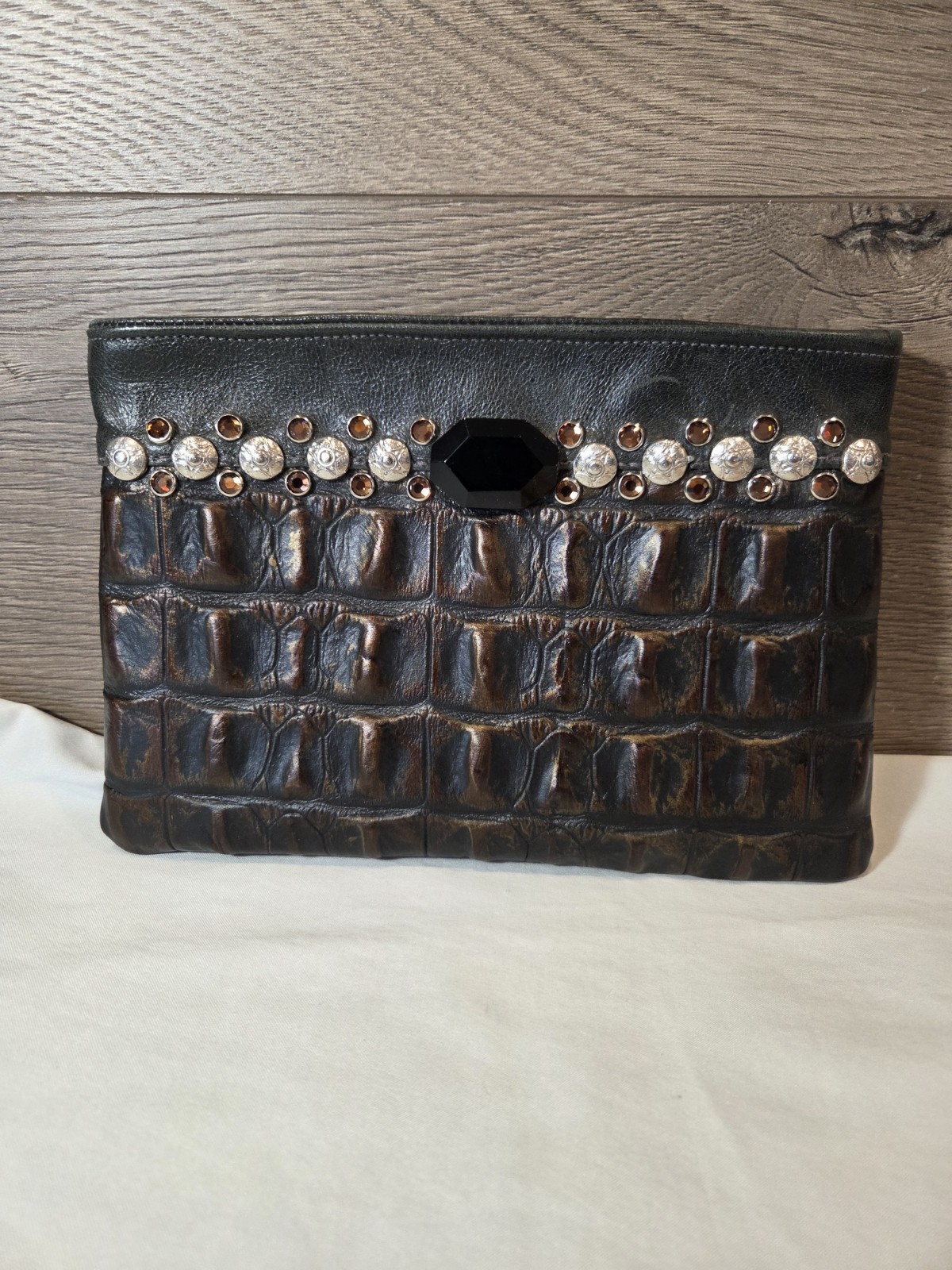 KurtMen Design Croc-Embossed Leather Clutch Gemstone Accents