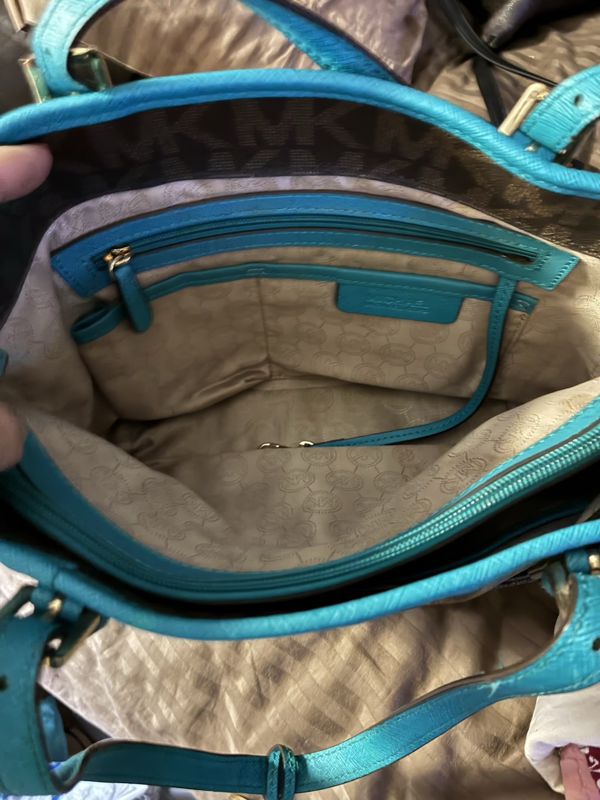 Michael Kors MK Signature Logo Brown/Blue Zip Tote Bag Charm Gold Hardware