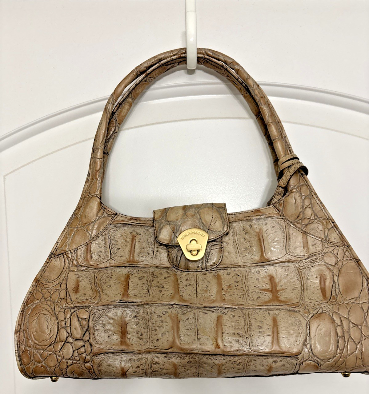 Brahmin Croc Embossed Leather Satchel Vintage Beige 17 Inch Long