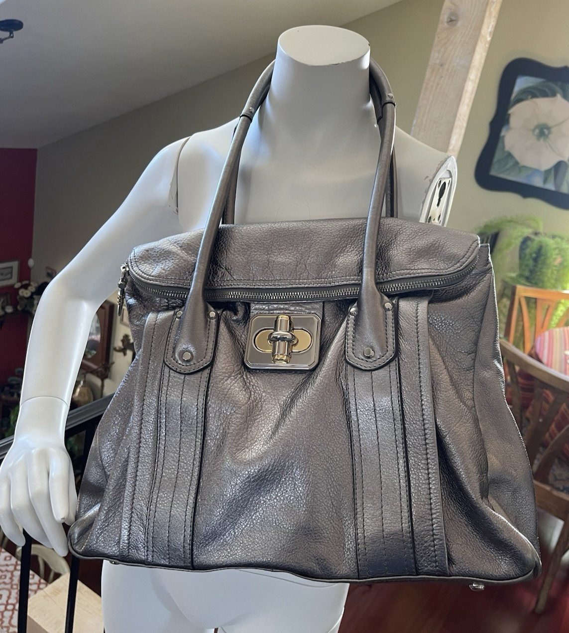 B MAKOWSKY Silver Leather Folding Handbag Purse Satchel Big Travel Tote 16 x 12