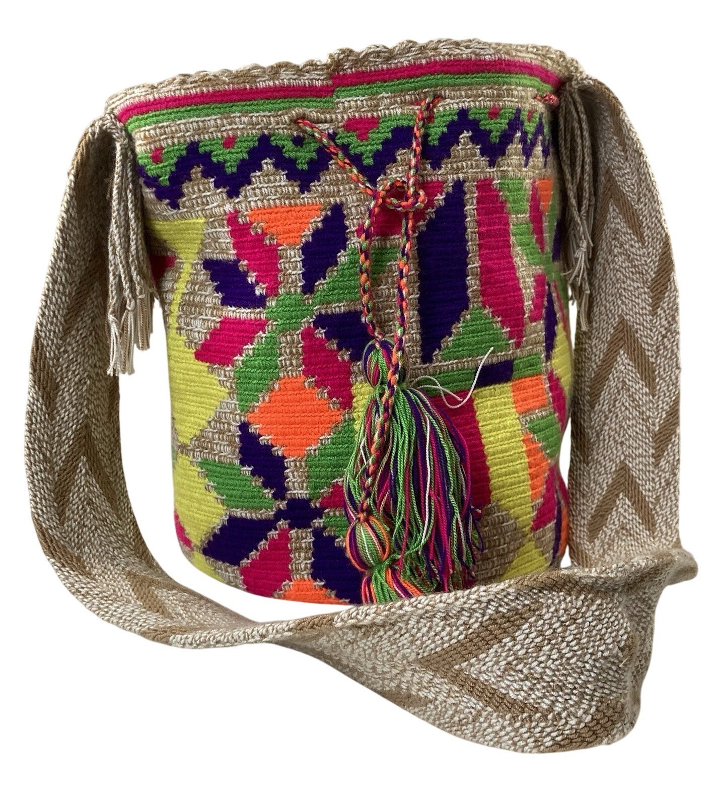 Wayuu Mochila Bag Cinched Tassel Tote Retro Colorful Festival Y2K Boho Artisan