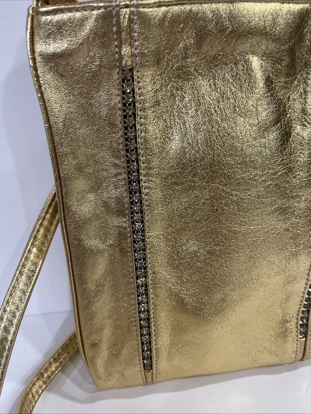 Dawli, 80’s Vintage Gold Leather Retro Crossbody bag with Crystal Detail, USA