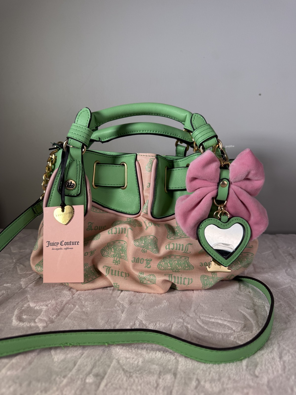 Juicy Couture Green Mini Bag Pink Bow Charm Faux Leather Y2K Shoulder Bag New