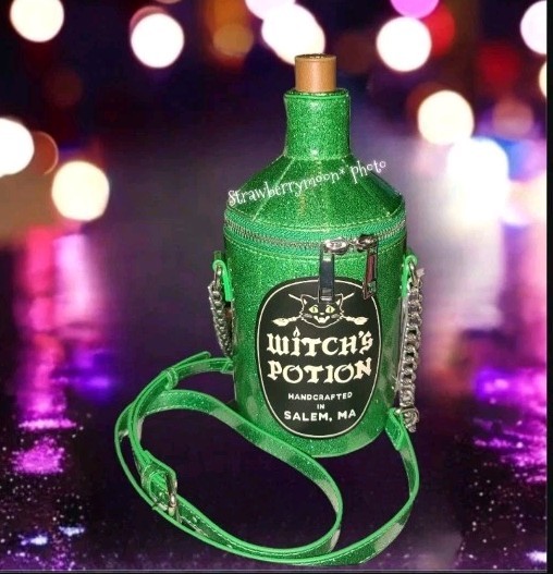 3D Witches Potion Black Cat Green Glittered Crossbody Bag Goth Purse Halloween