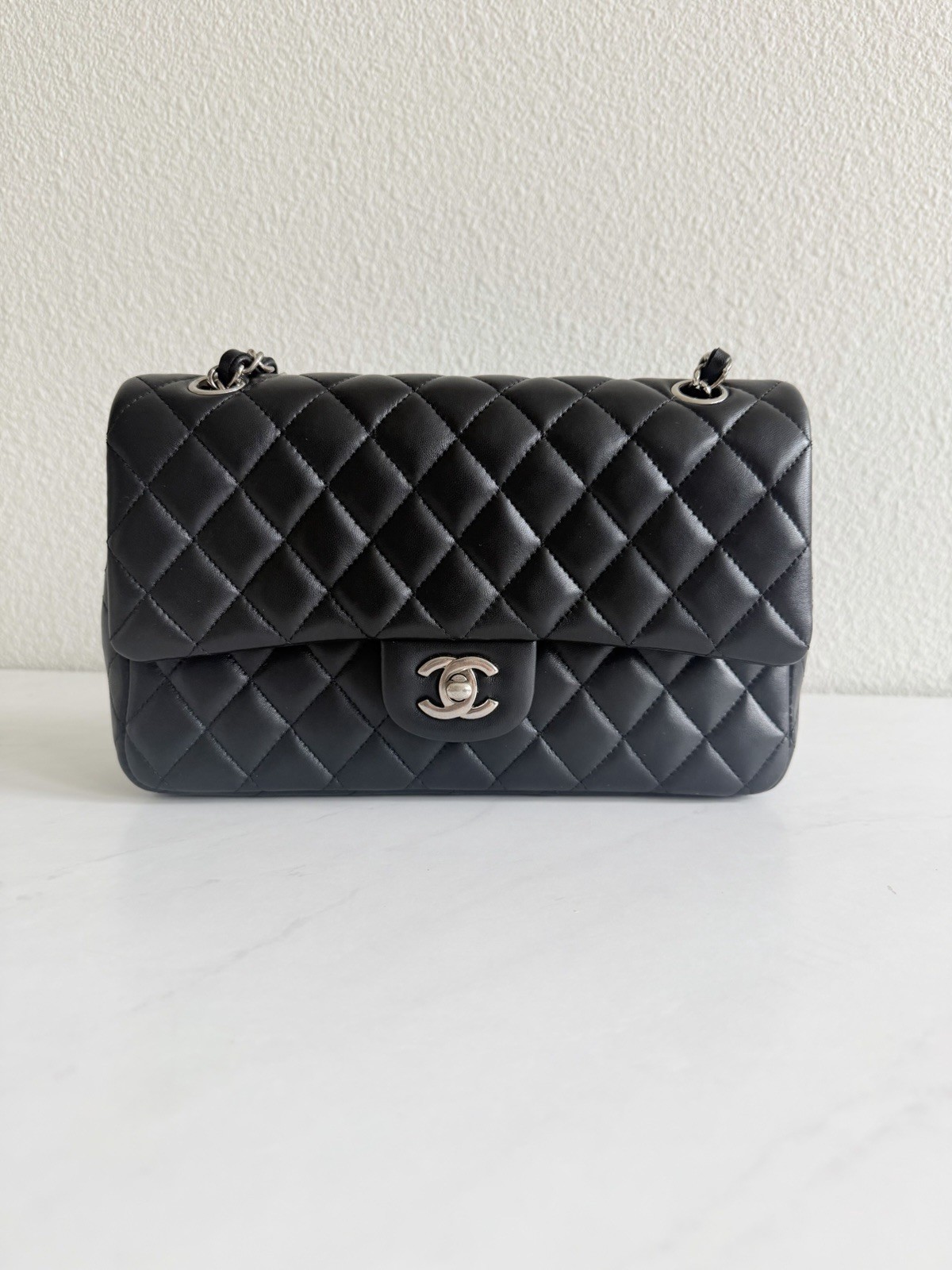 100% Authentic Chanel Classic Medium Double Flap Black Lambskin Silver Hardware