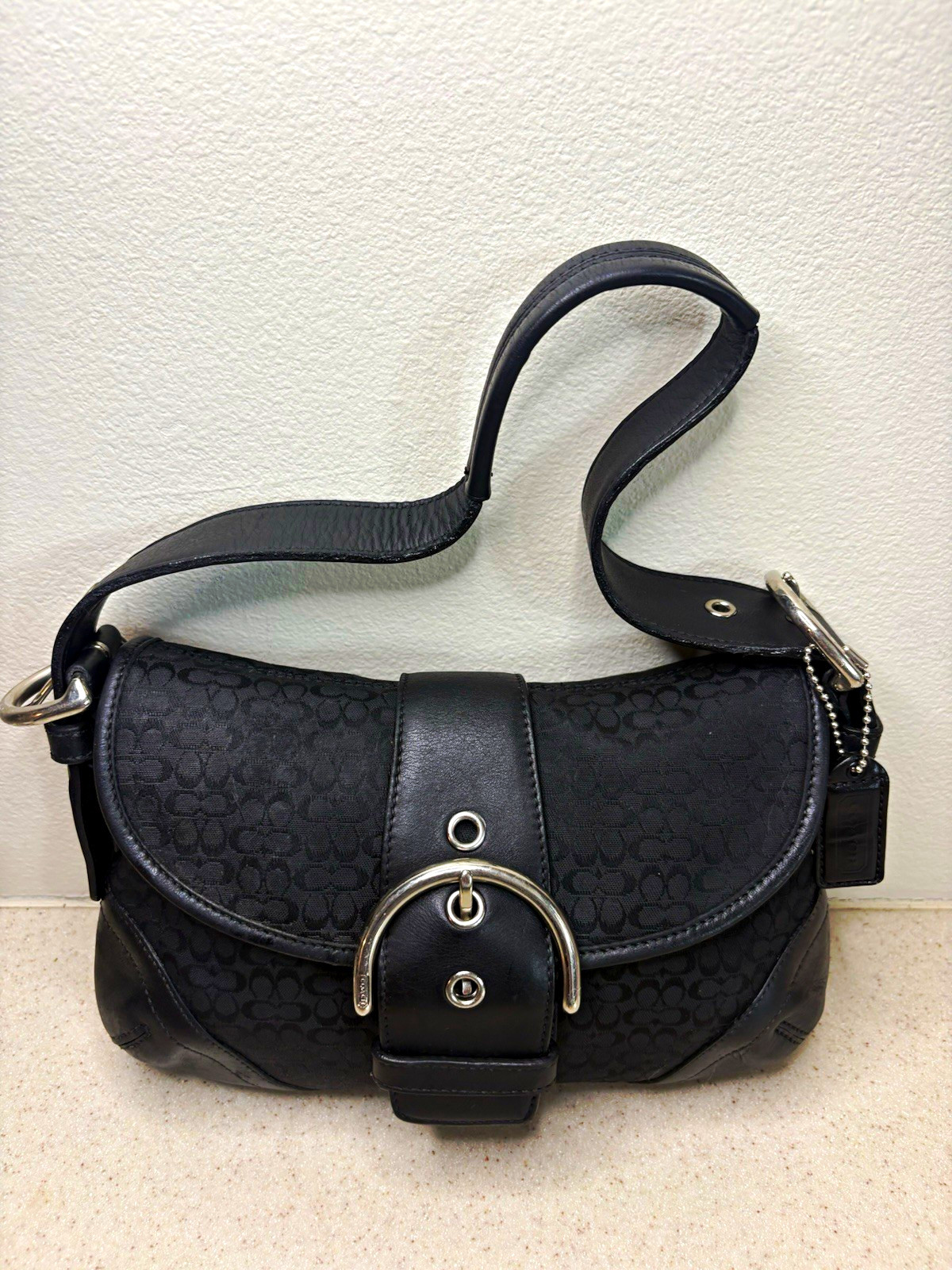 Coach Black Signature Monogram Soho Shoulder Bag Buckle Flap Silver Small