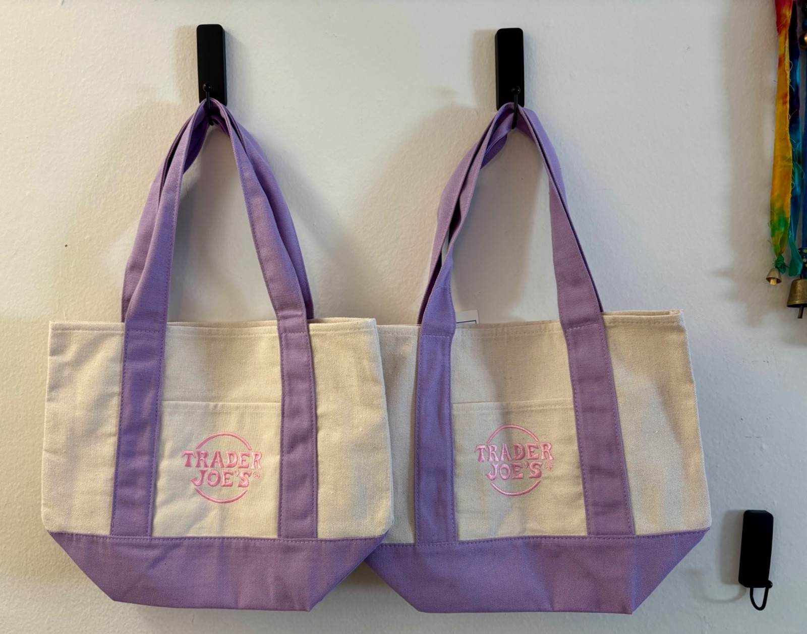 2-PACK Trader Joe’s Mini Canvas Tote Bags Lavender w/ Pastel Pink Stitching NWT