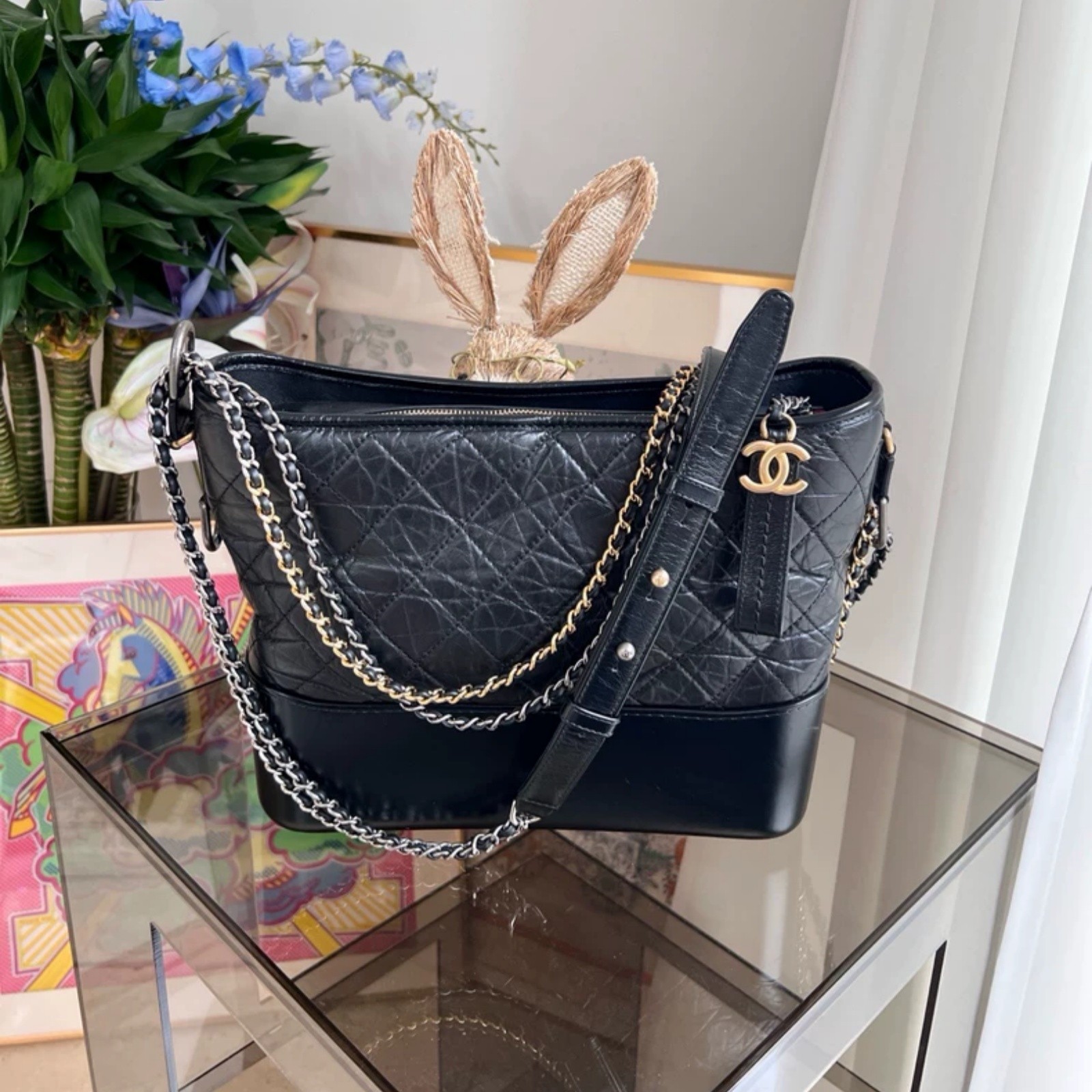 CHANEL GABRIELLE Hobo Bag Medium 28cm Black Calfskin Crossbody Bag