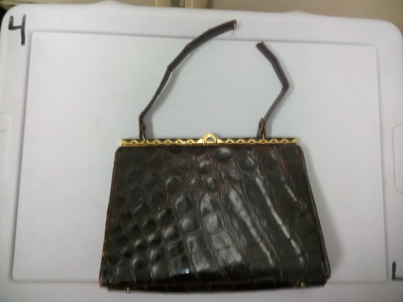 Bellestone Vintage Dark Brown Imported Alligator Purse 1950s Brass Hinged Top