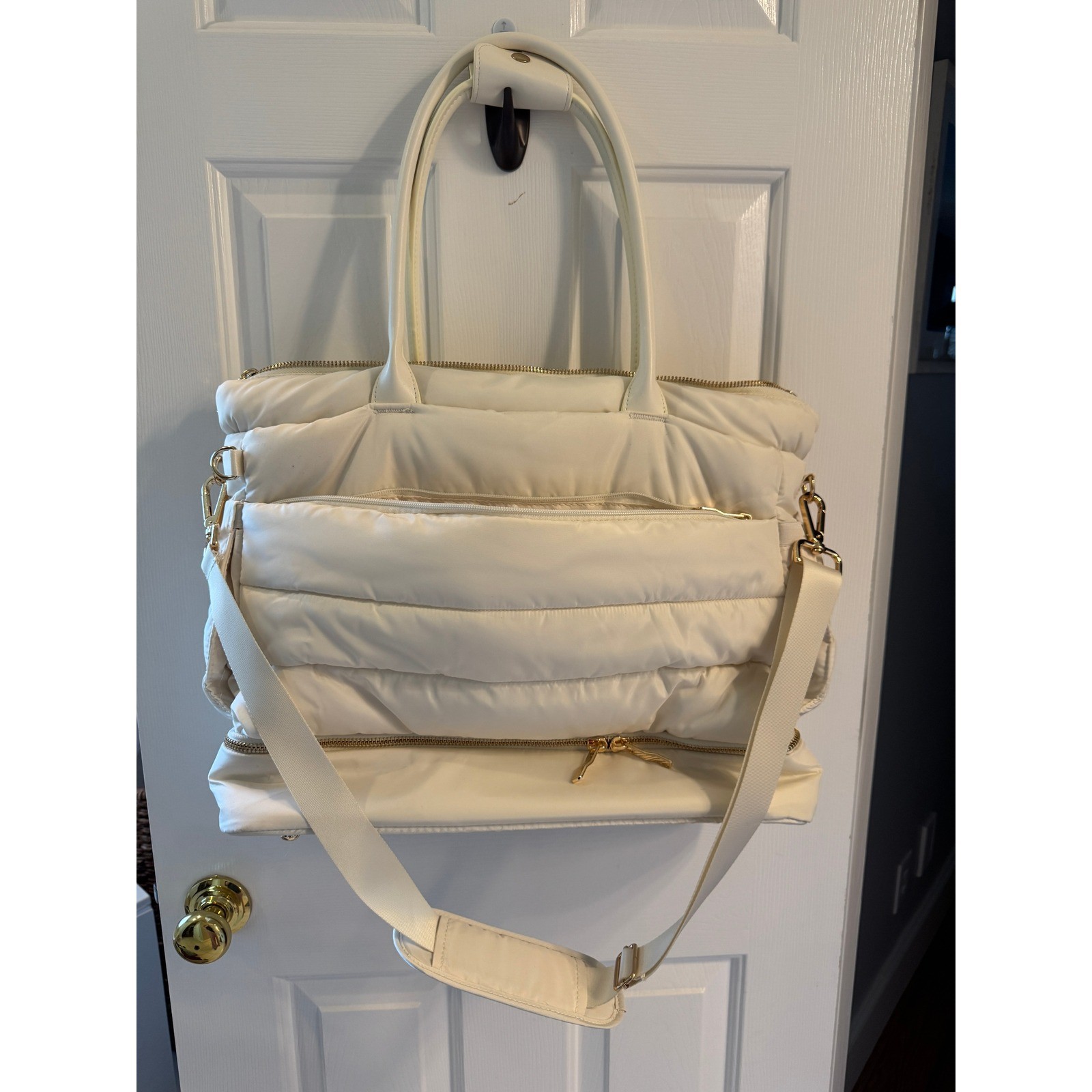 Padded Tote Bag, Quilted Shoulder Bag, Cream with Gold Zipper