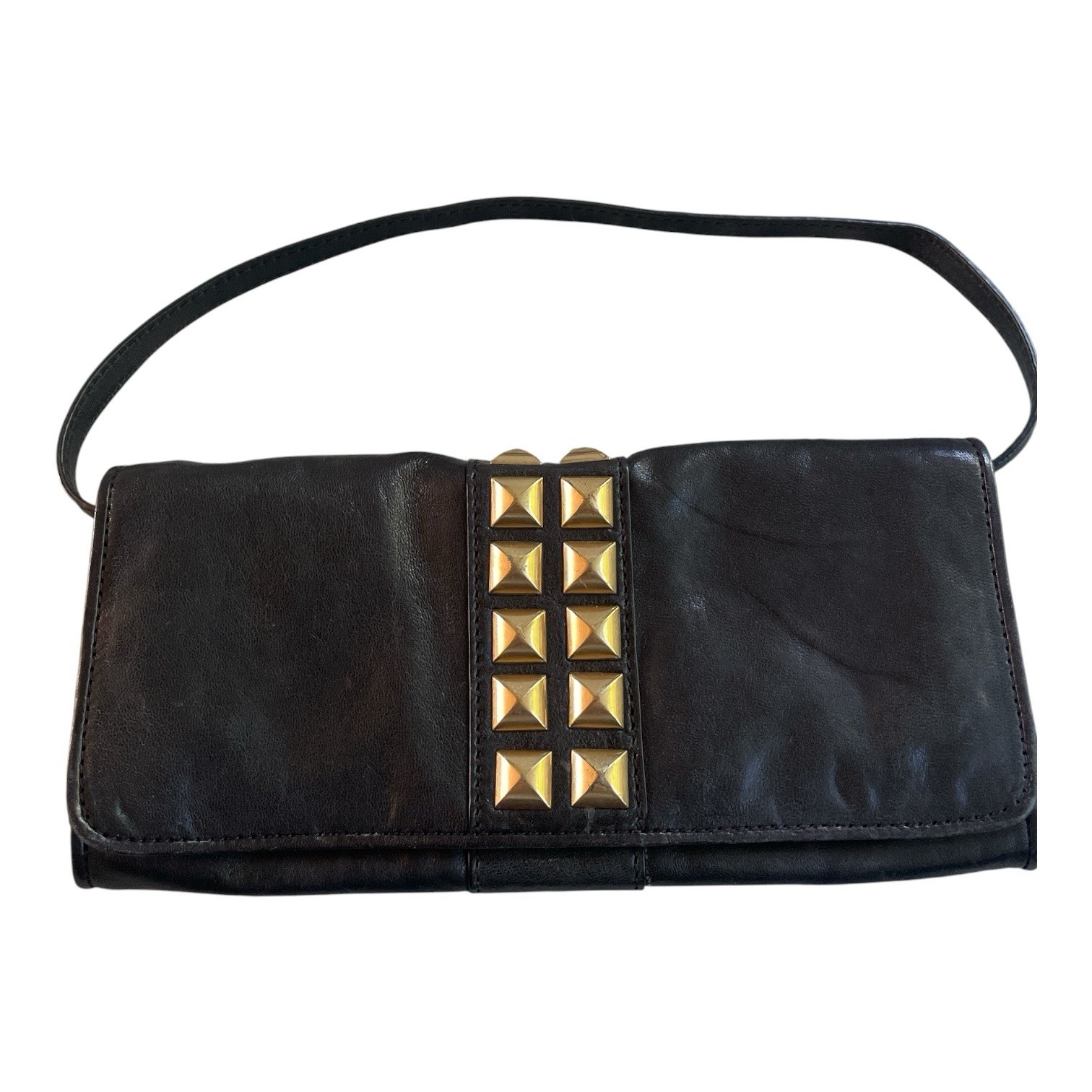 Michael Kors Calista Studded Leather Clutch Shoulder Bag Black Gold