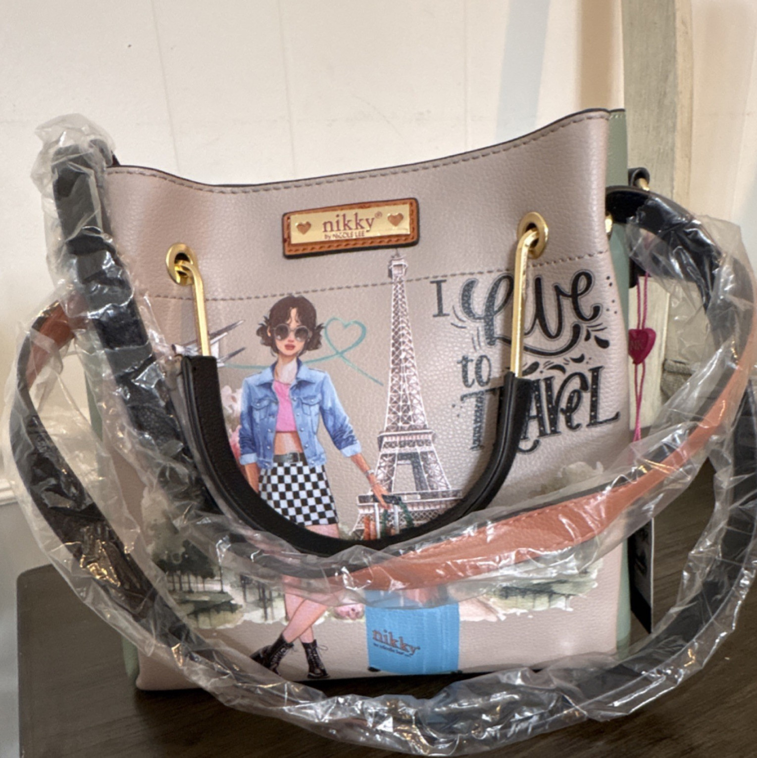 Nikky Satchel Top Handle Bag Graphic Print Gold Hardware Detachable Strap Beige