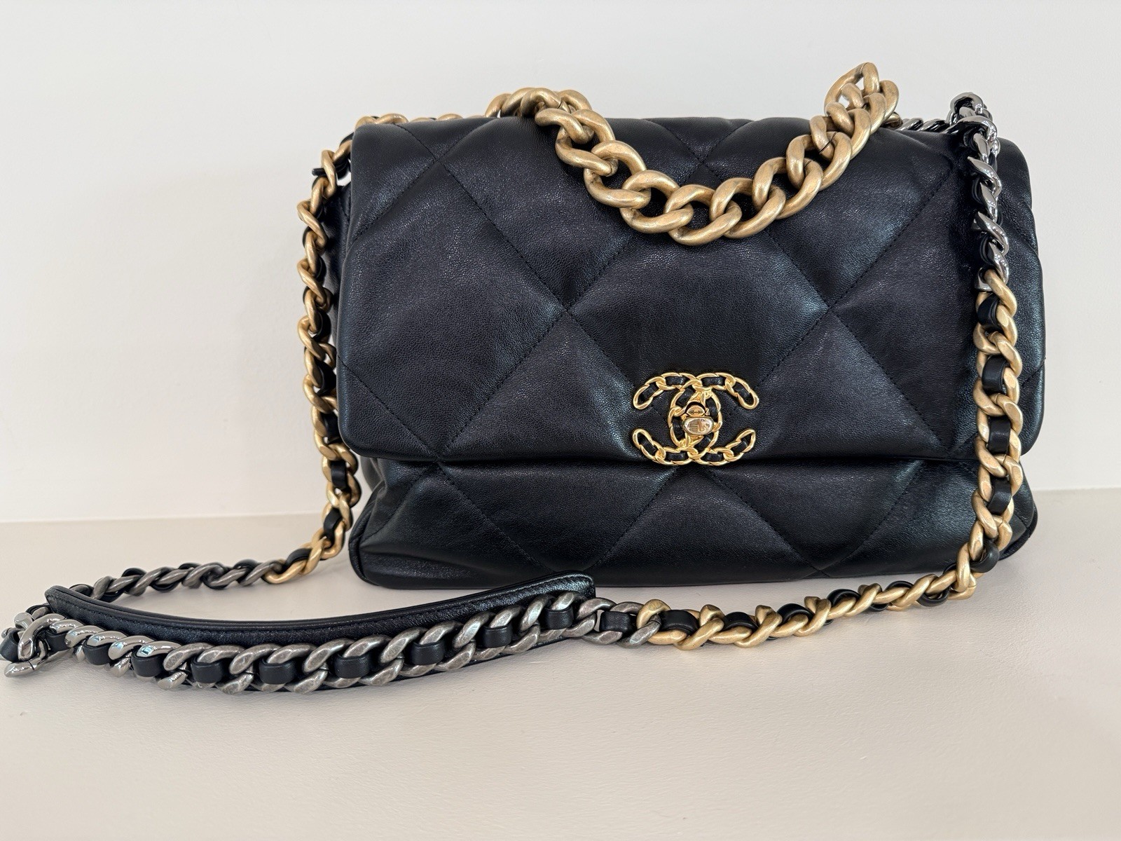 Authentic Chanel 19 Large Black Quilted Lambskin Flap Bag