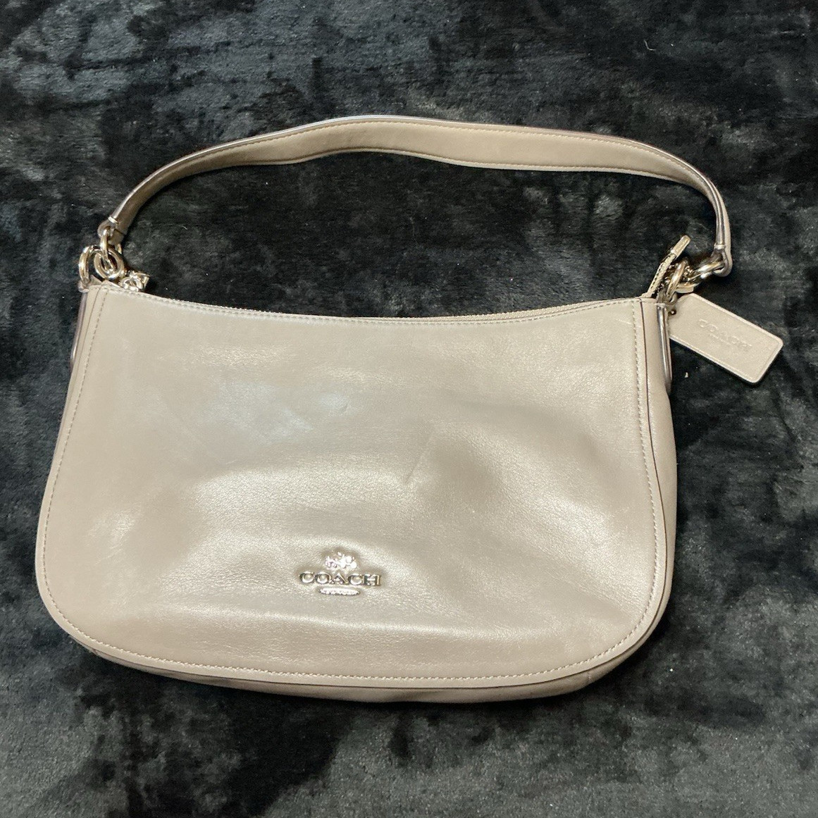 Coach Small Beige Crescent Shoulder Bag Zip Closure Silver Hardware Hangtag