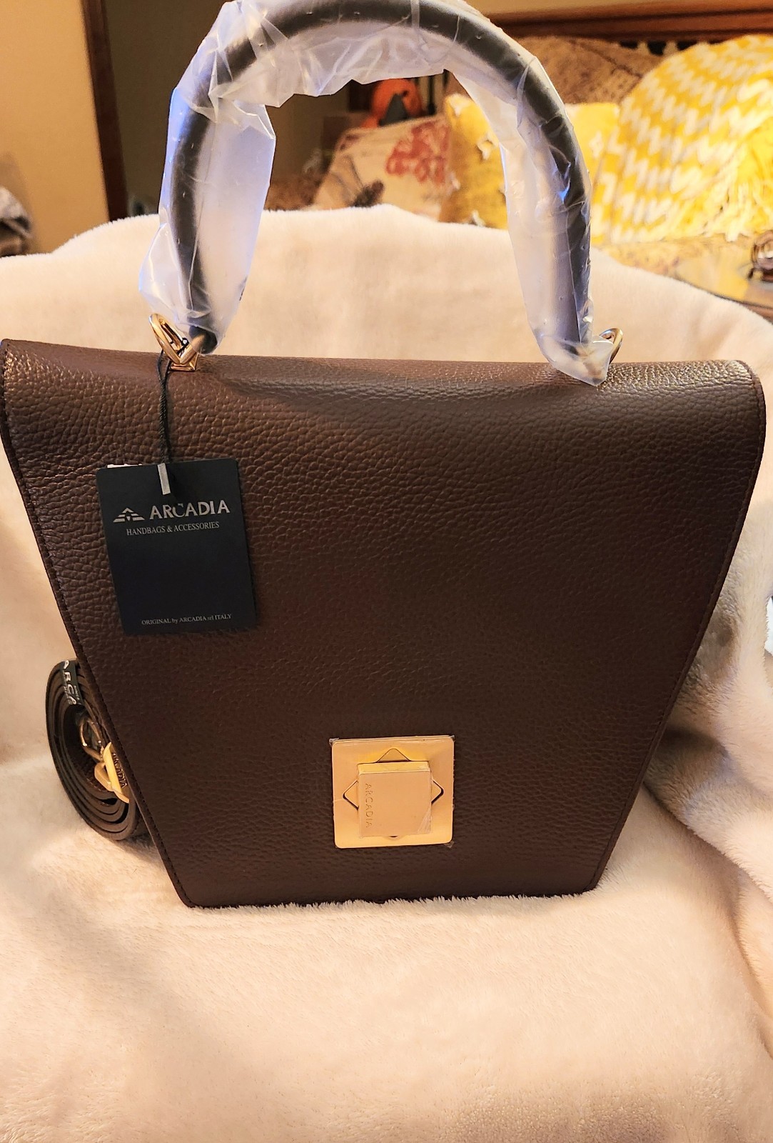 Arcadia Italian Trapeze Medium Satchel Chocolate Pebbled Leather NWT MSRP $540