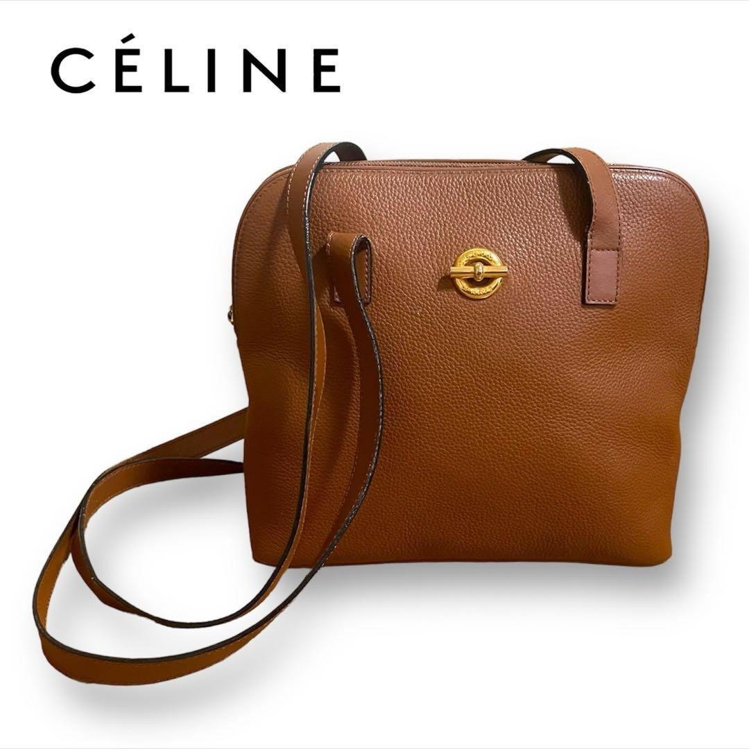 CELINE Shoulder Bag Leather Brown Gold Hardware Plate Width 26cm