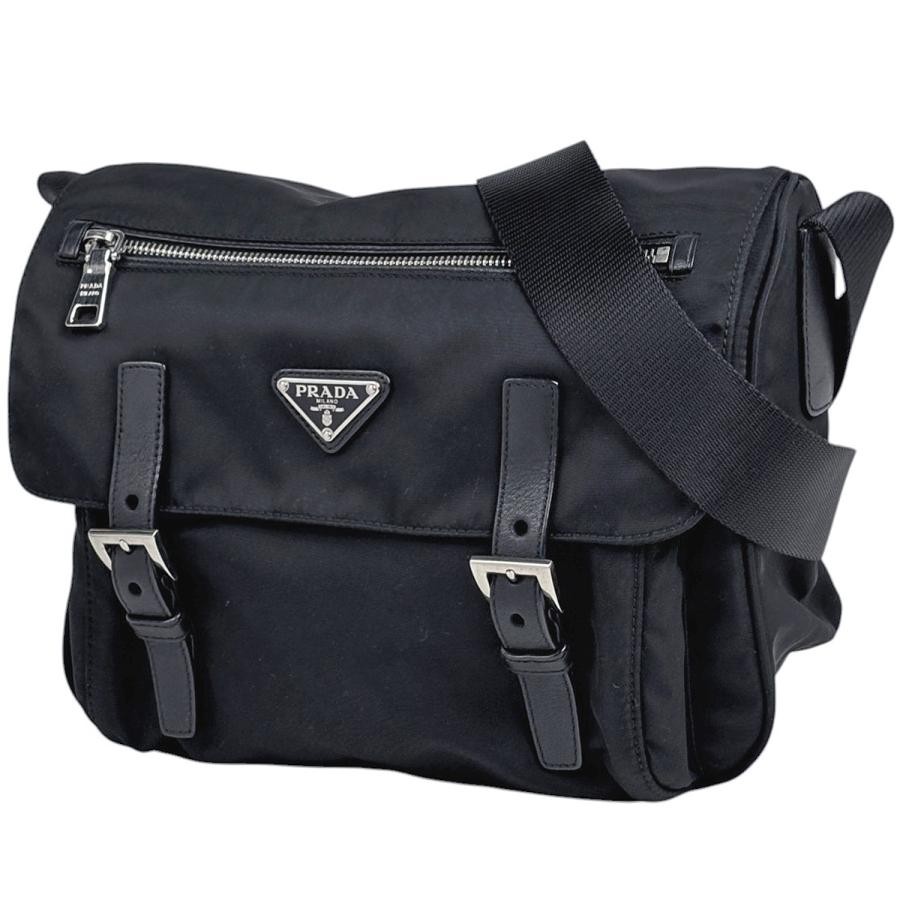 Prada Logo Plate Nylon Leather Black Shoulder Bag BT0713 #BS1247