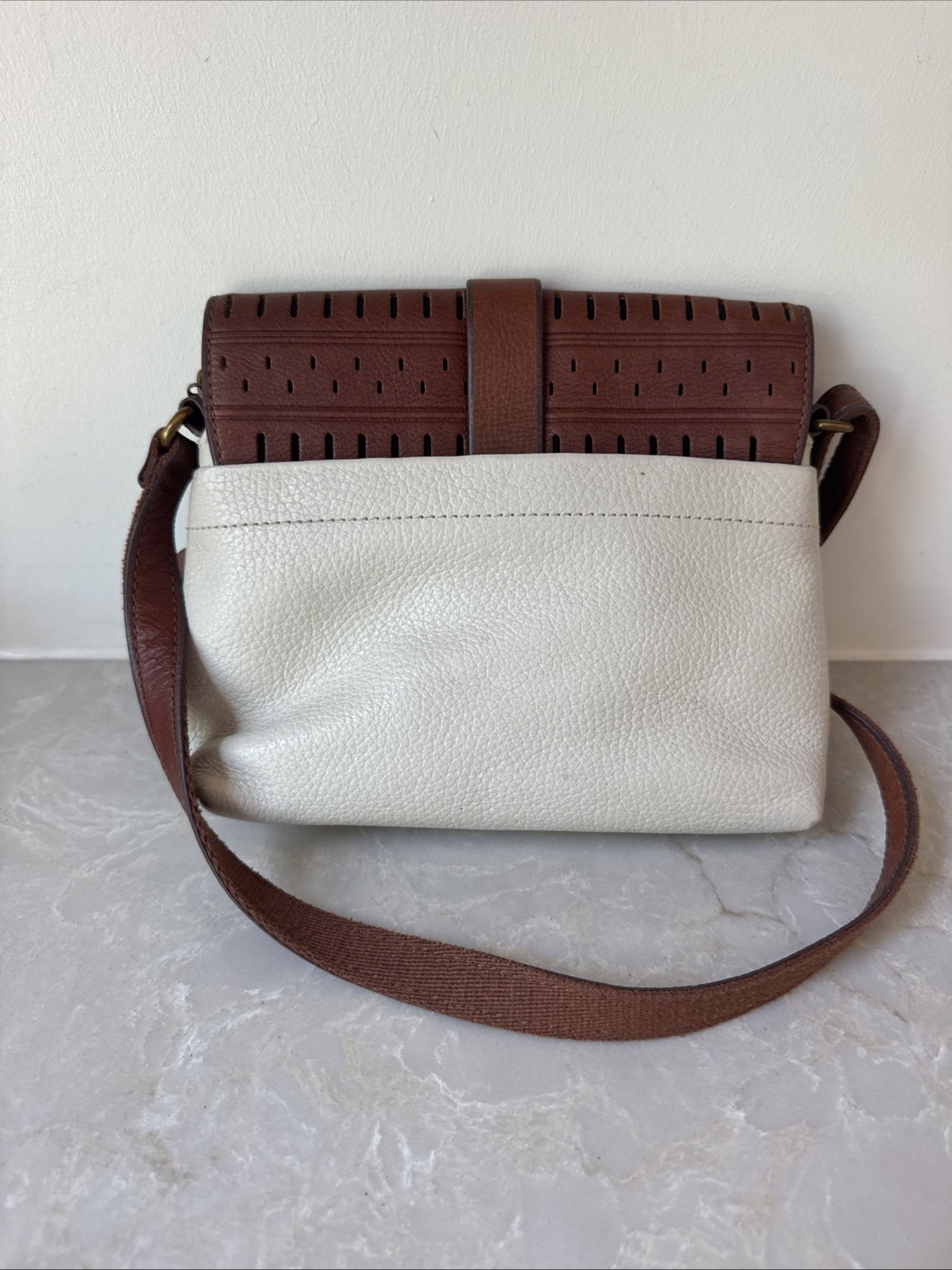 Vintage Fossil Cream And Brown Leather Cross Body Purse