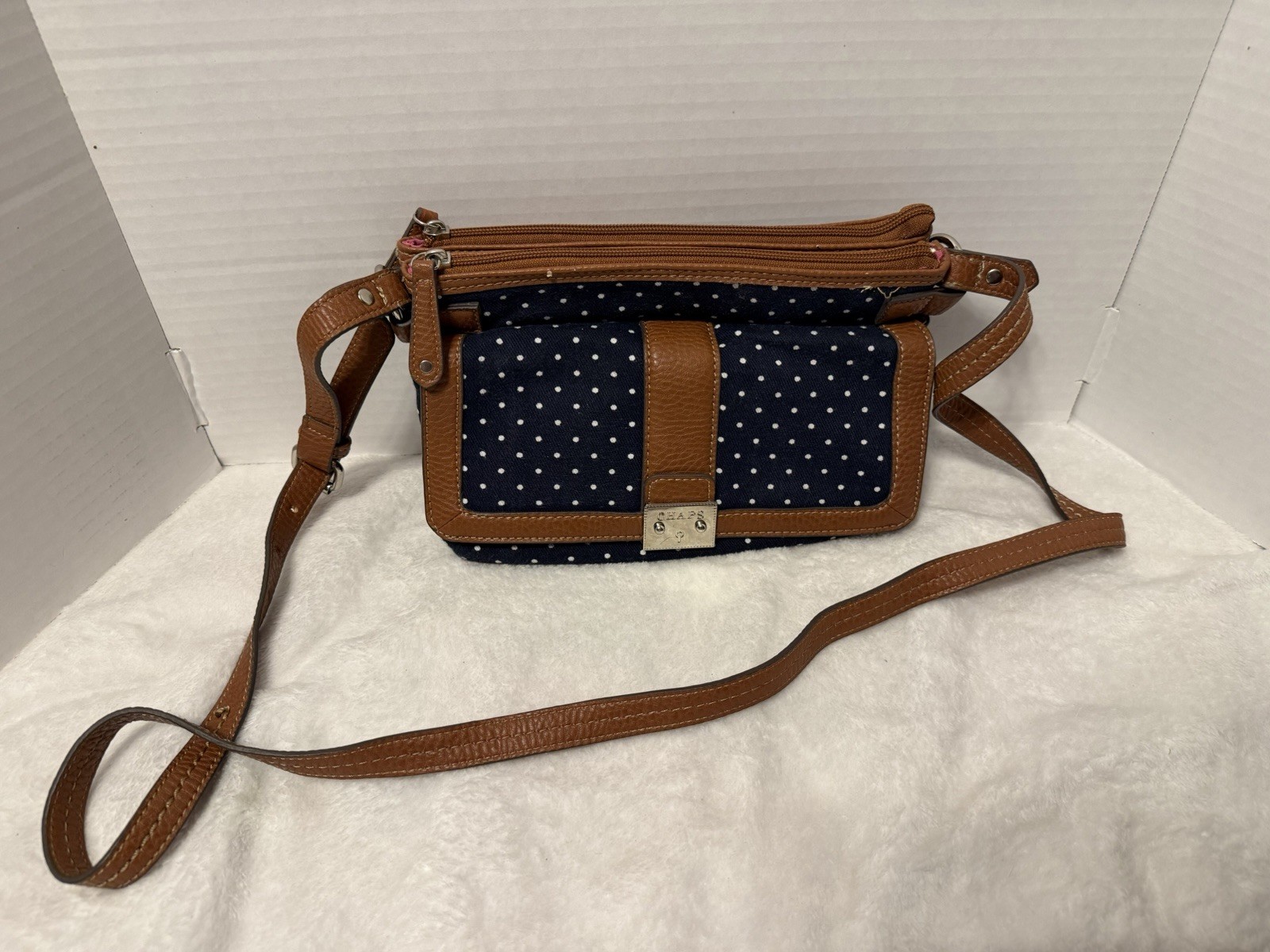 Chaps Navy Blue Polka Dot Crossbody Bag Purse Nautical Pink Lining Compartments
