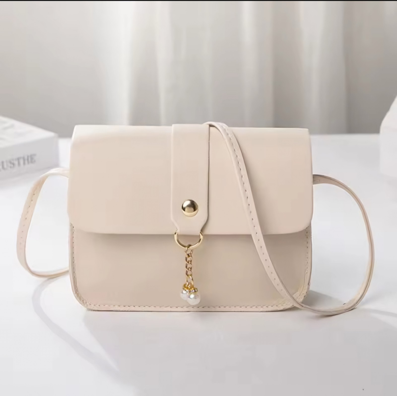 Women’s Small Pink Rectangle Crossbody Bag, Snap, Detachable Strap, Pearl, Gold