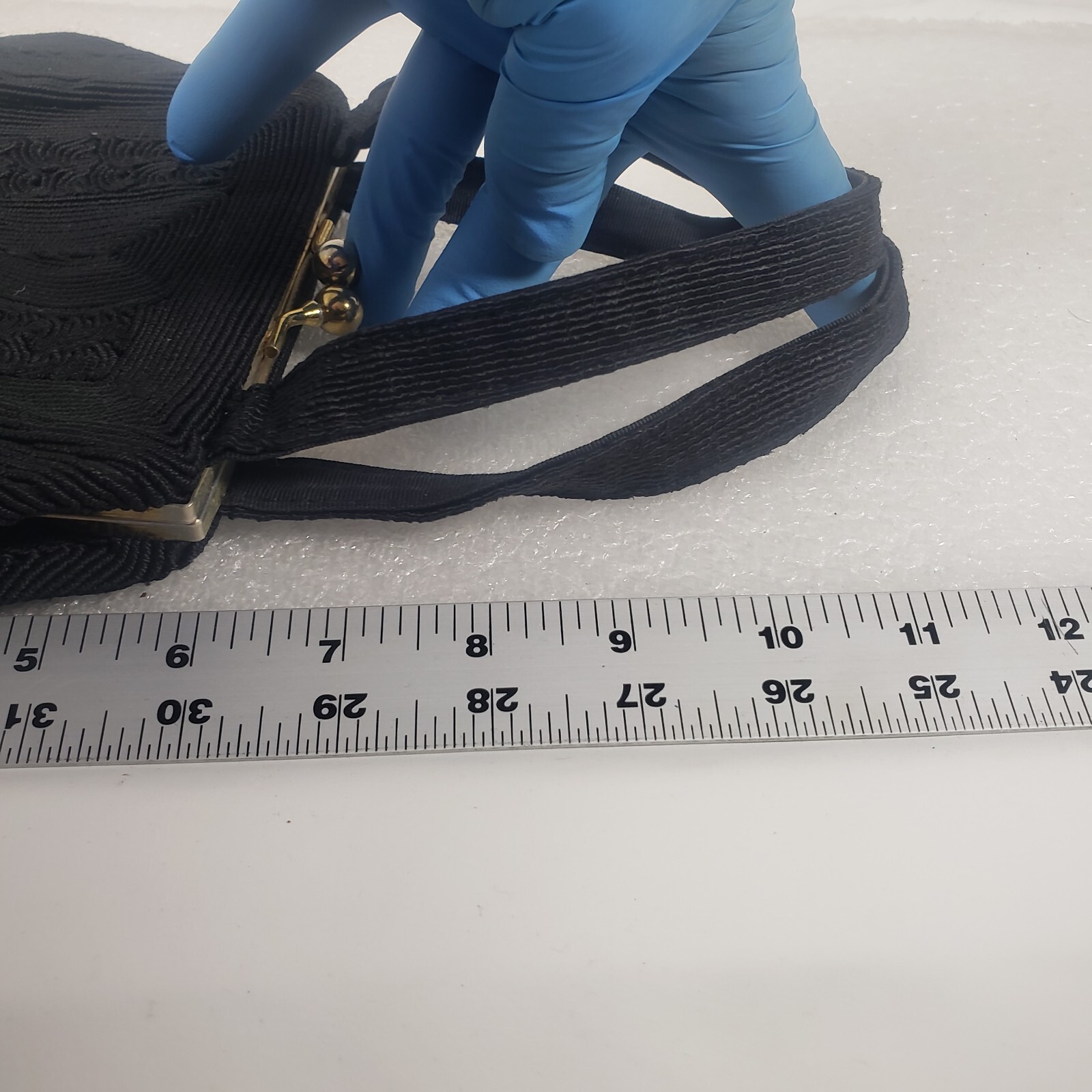 Small Black Corde Hand Bag Snap Closure 1 Zip Interior Pocket 1 Open Used Worn