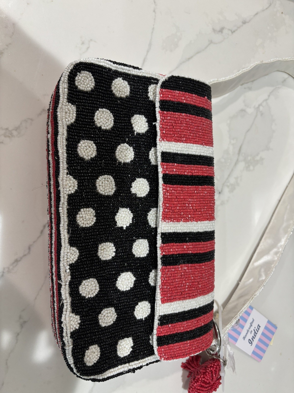 New Release Red White and Black Stripes and Polka Dots Beaded Bag Charm Purse