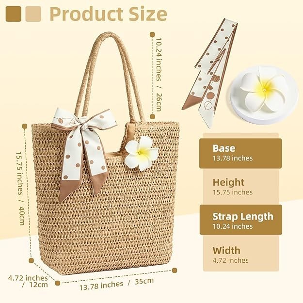 Large Straw Raffia Beach Tote Bag Lined Summer Handbag Boho Coastal Purse