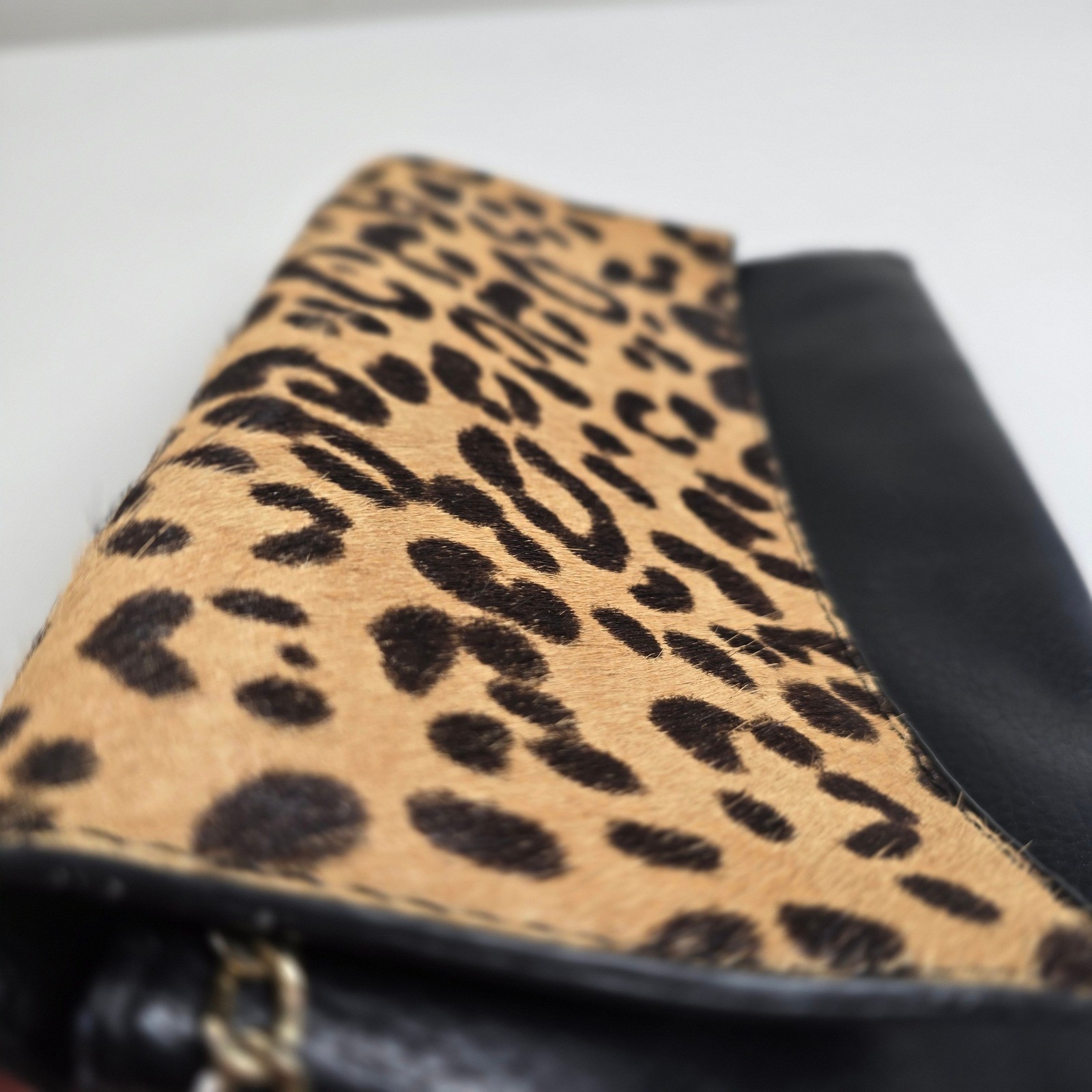 Madison West Calf Hair Leopard Print Crossbody Clutch Bag Black Vegan Leather