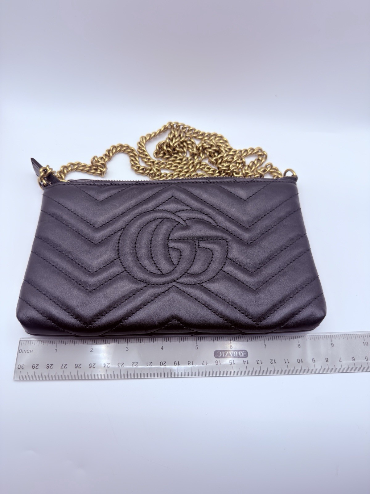 Gucci GG Marmont Mini Black Matelasse Chevron Quilted Zip Pouch Chain Strap