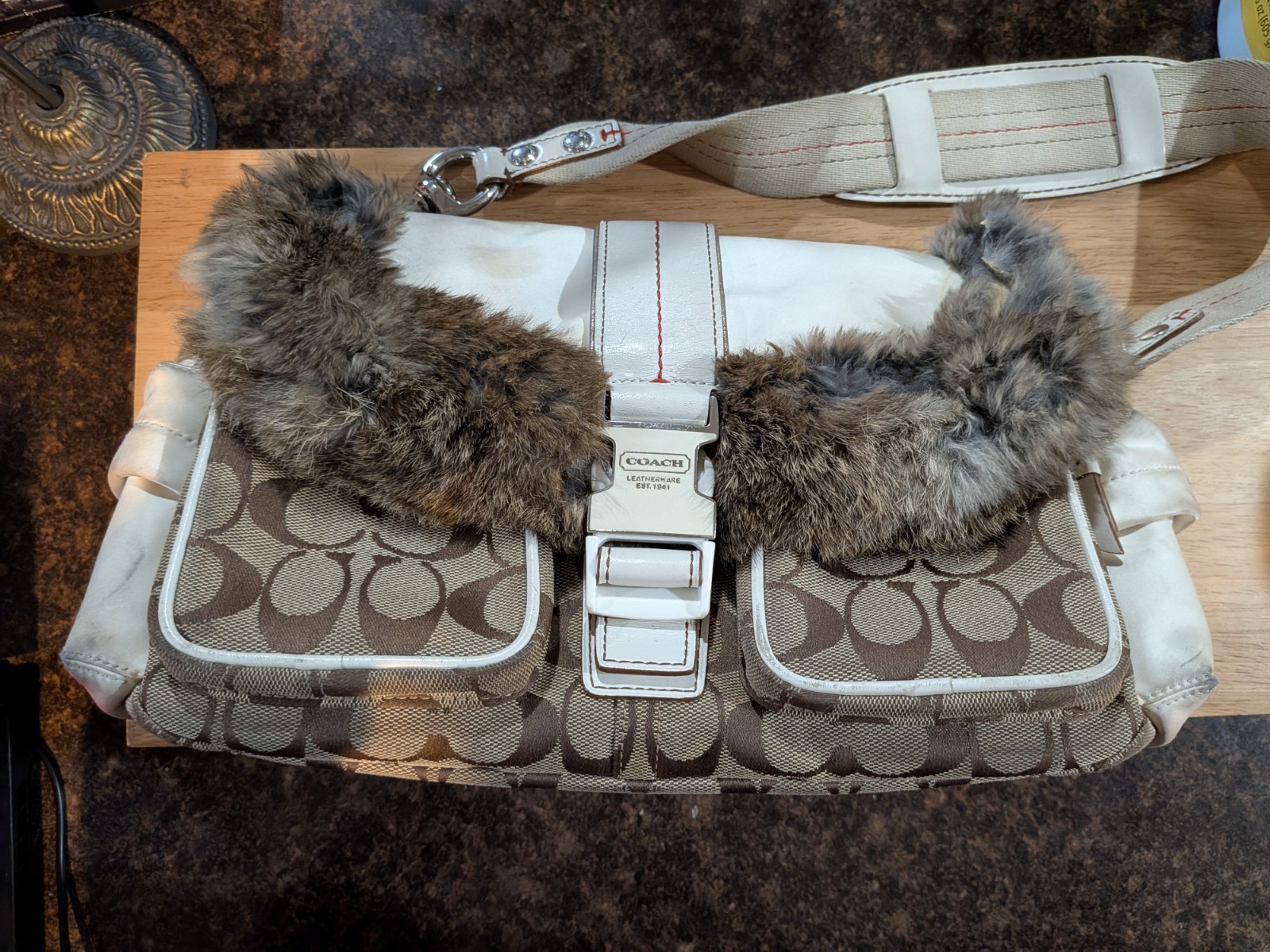 Vintage Coach Signature Fur Trim Flap Shoulder Bag – White/Brown Jacquard & Hare