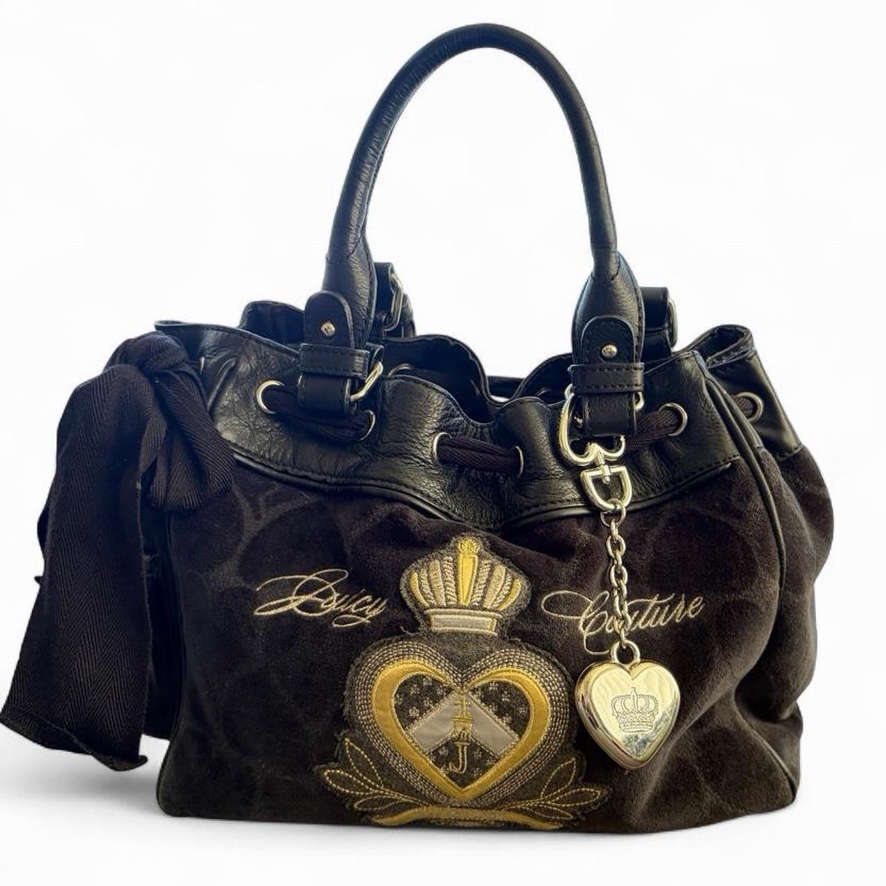 Juicy Couture Black Satchel Logo Embroidered Crest Drawstring Zip Heart Charm