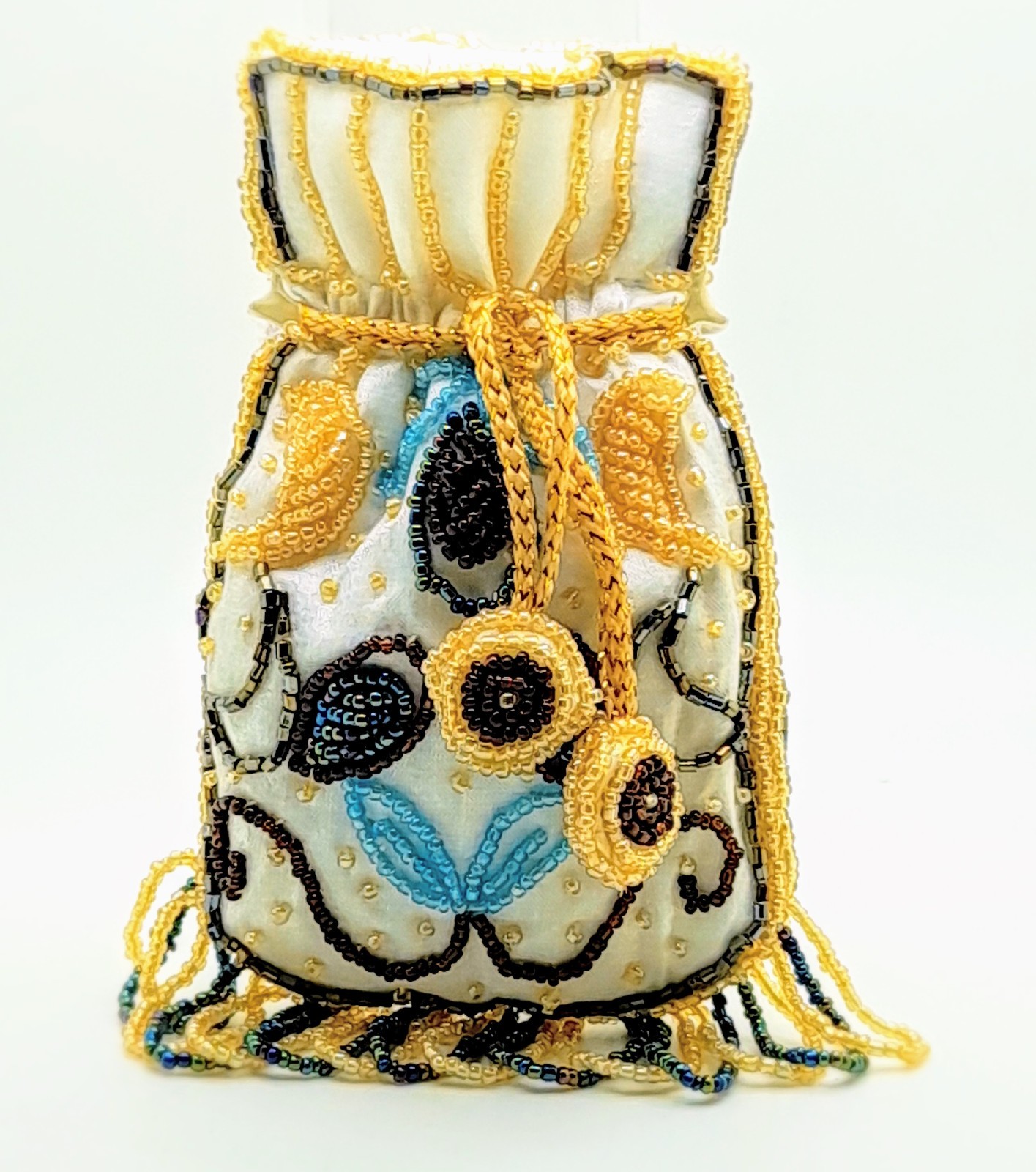 Boho Handmade multi color seed Beaded shoulder Bag Purse Pouch 3.5 x 5 white