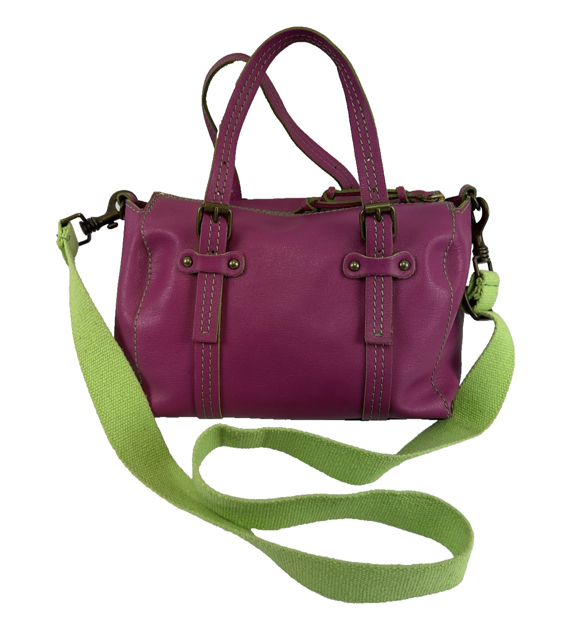 Sofia C Pink Leather Satchel Purse Handbag Zip Green Crossbody Double Handles