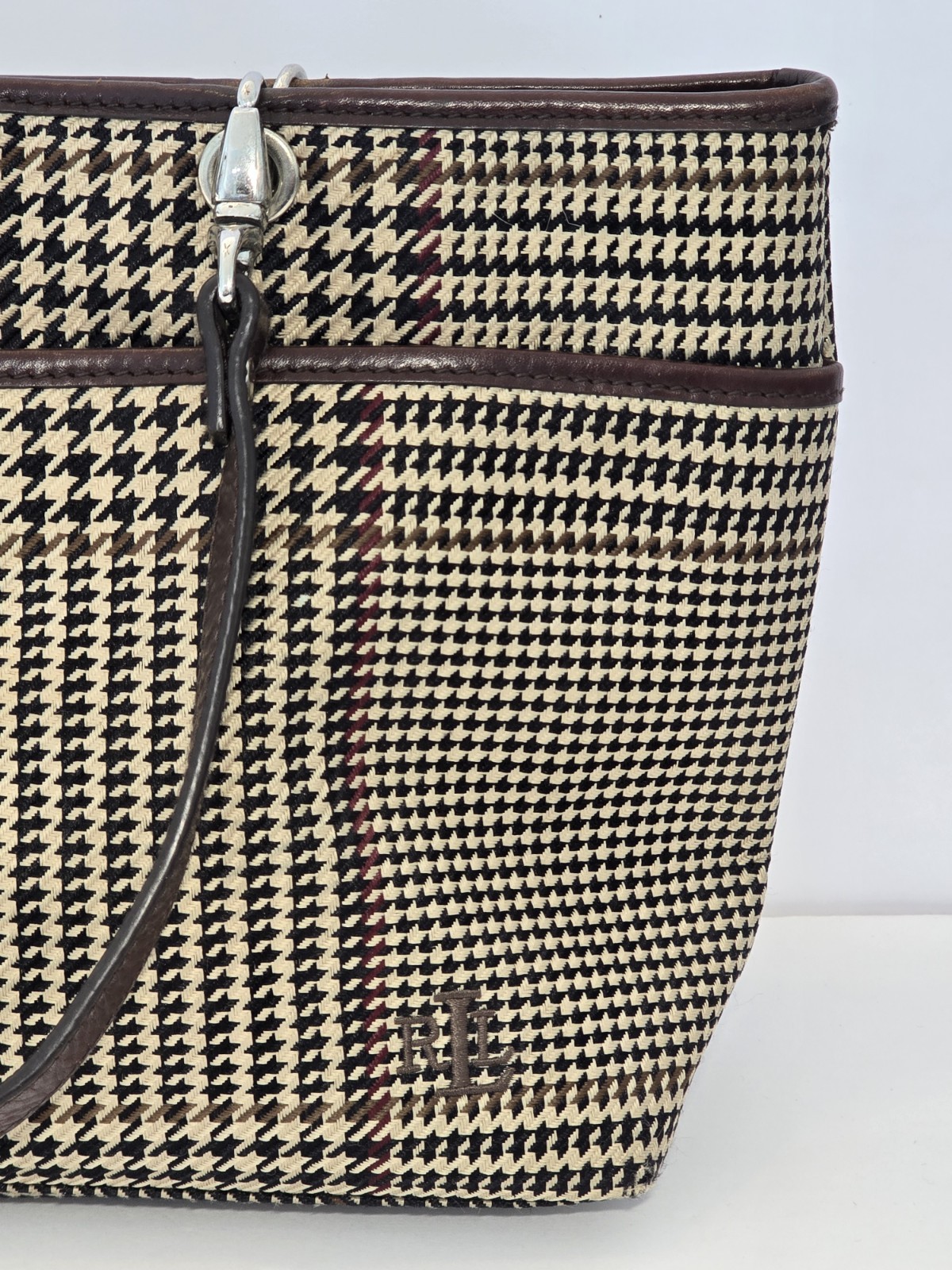 Lauren Ralph Lauren Houndstooth Plaid Brown Bag Handbag Vintage