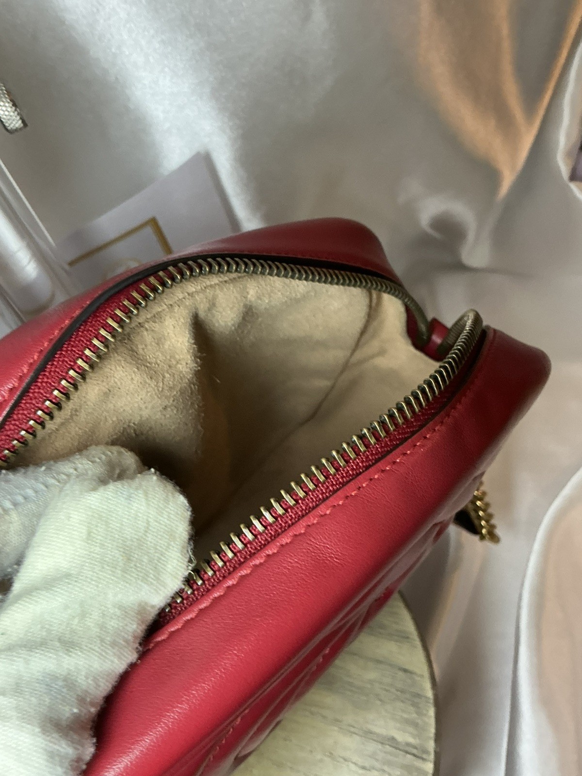 Authentic Gucci GG Marmont 2.0 Red Leather Chevron Camera Crossbody w COA