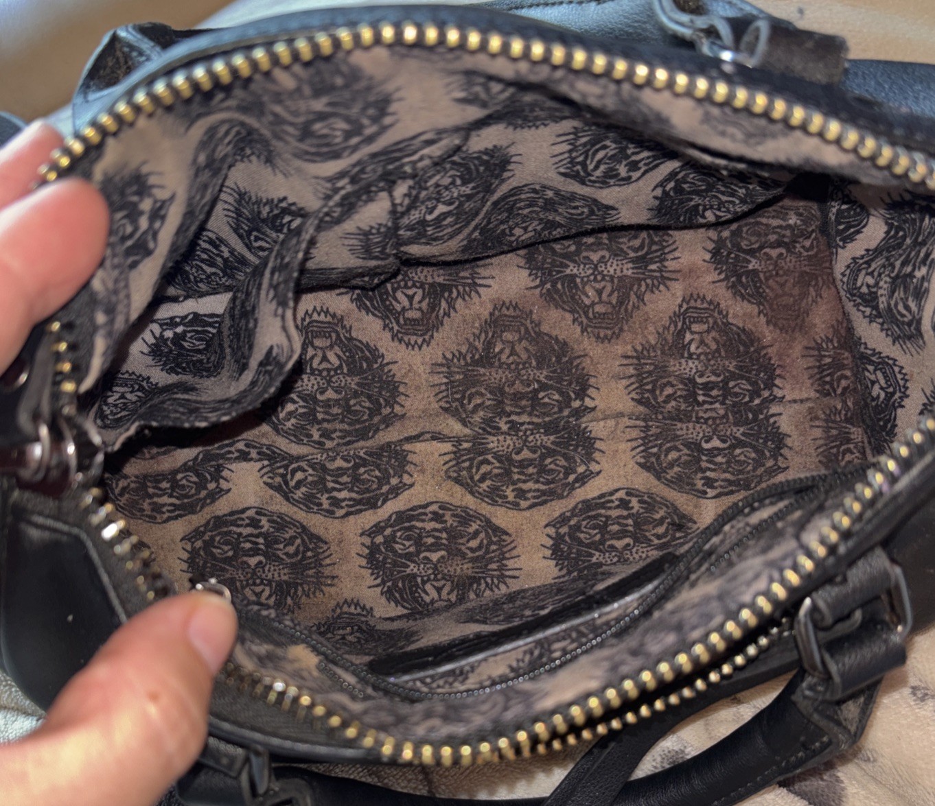 Ed Hardy Black Hand Bag With Bedazzled Tiger Design