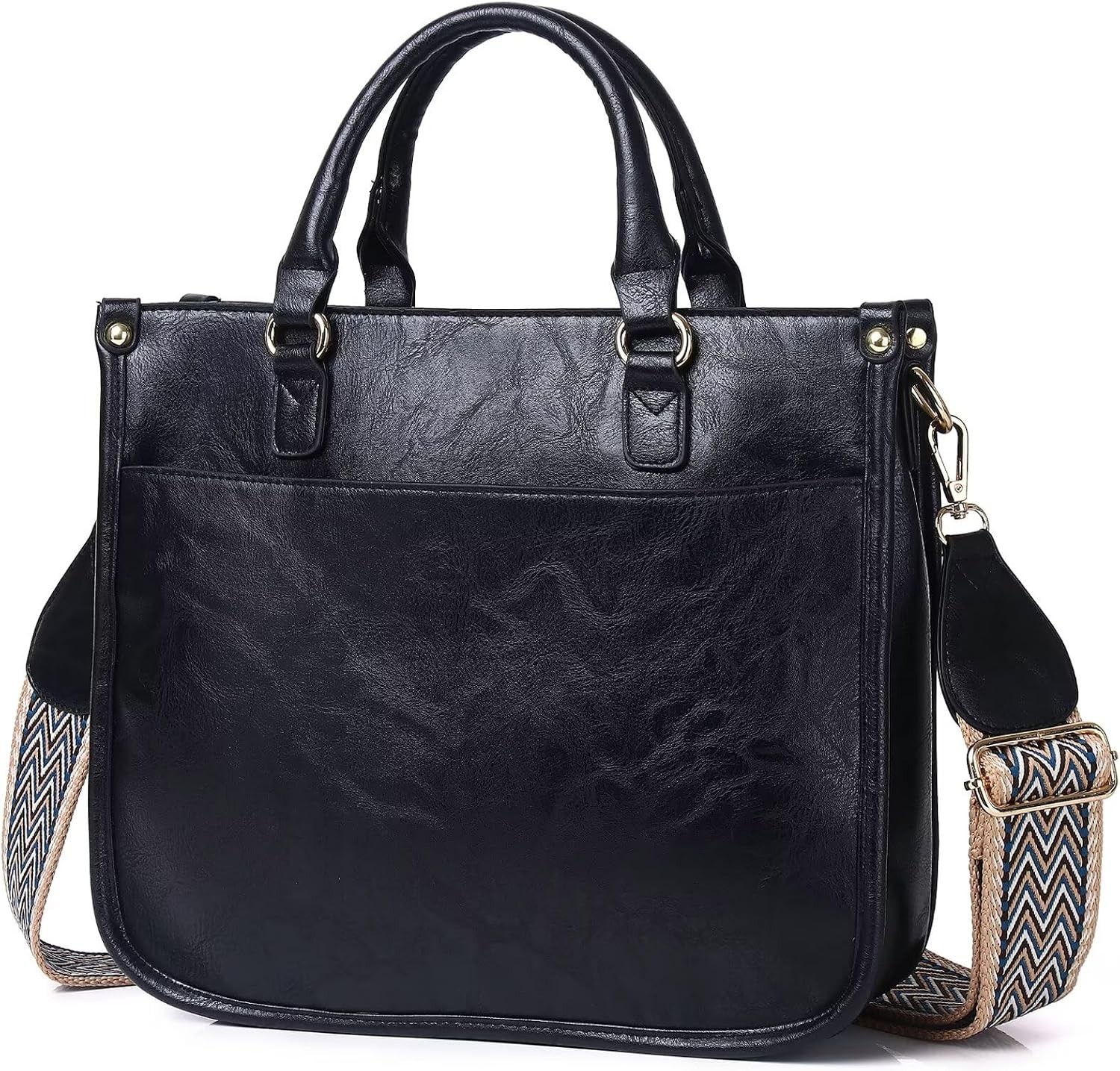 Classic Jet Black Leather Shoulder Bag with Adjustable Guitar Strap