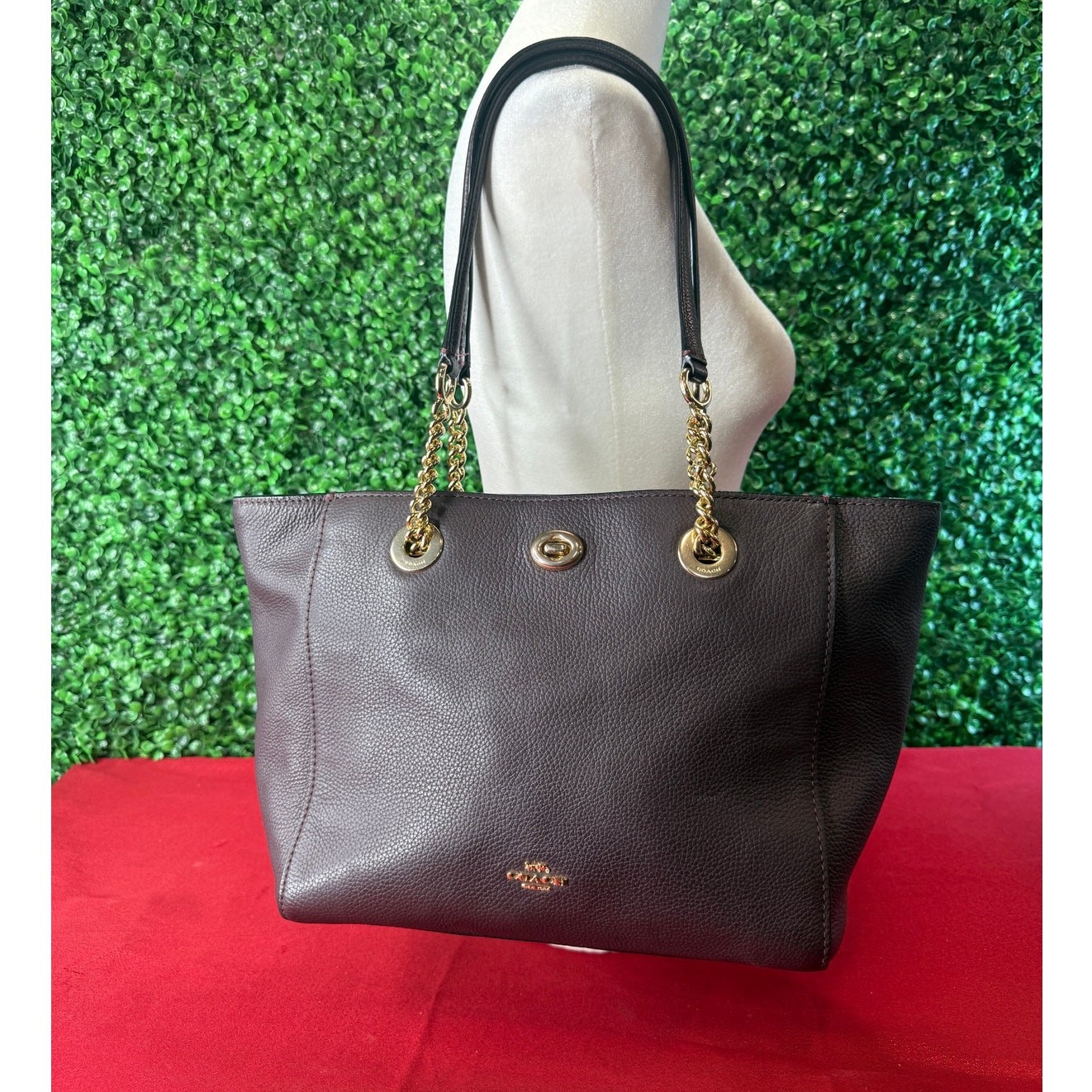 Coach 57107 Turnlock Chain Tote 27 Oxblood Pebbled Leather Shoulder Bag Tote