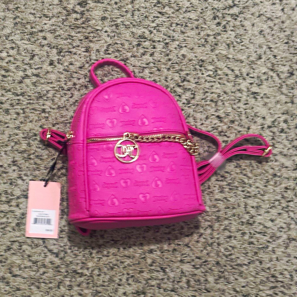 Juicy Couture Pink Logo Embossed Mini Backpack Zip w/ Gold Chain Hardware