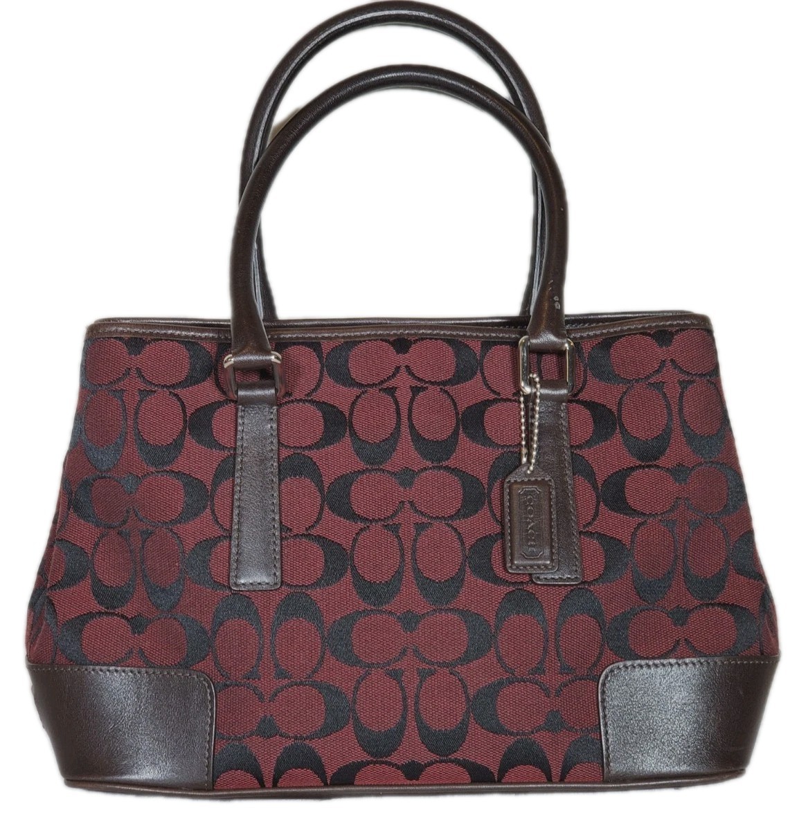 COACH 6089 Signature C Monogram Handbag Tote Red Jacquard Canvas Brown Leather