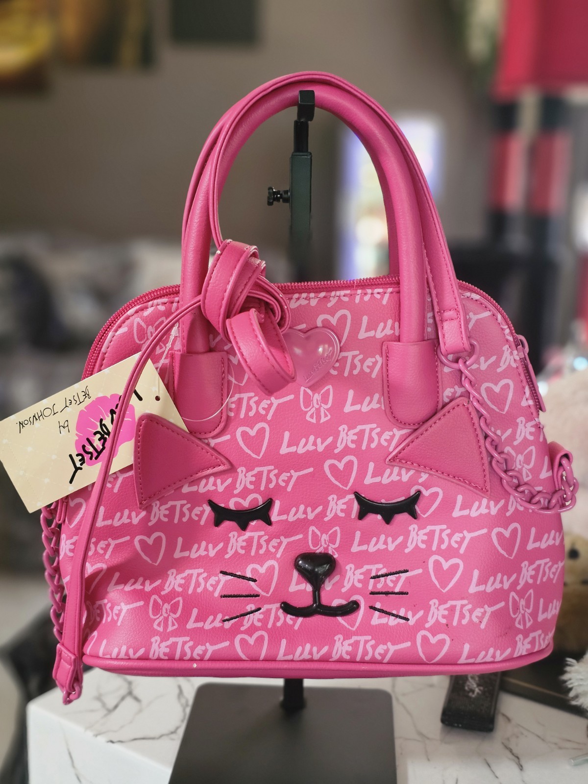 Luv Betsey by Betsey Johnson Pink Cat Logo Satchel Top Handle Detachable Strap
