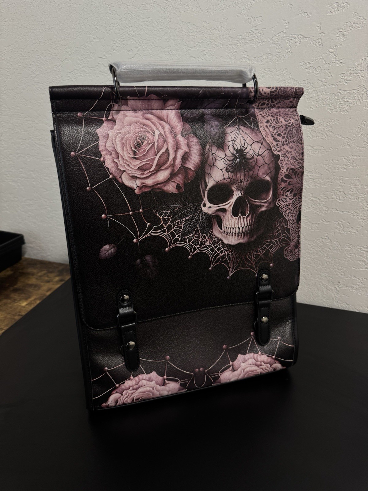 Skullette Leather Backpack in “Venomina” Black/purple Skull, Floral And Webs