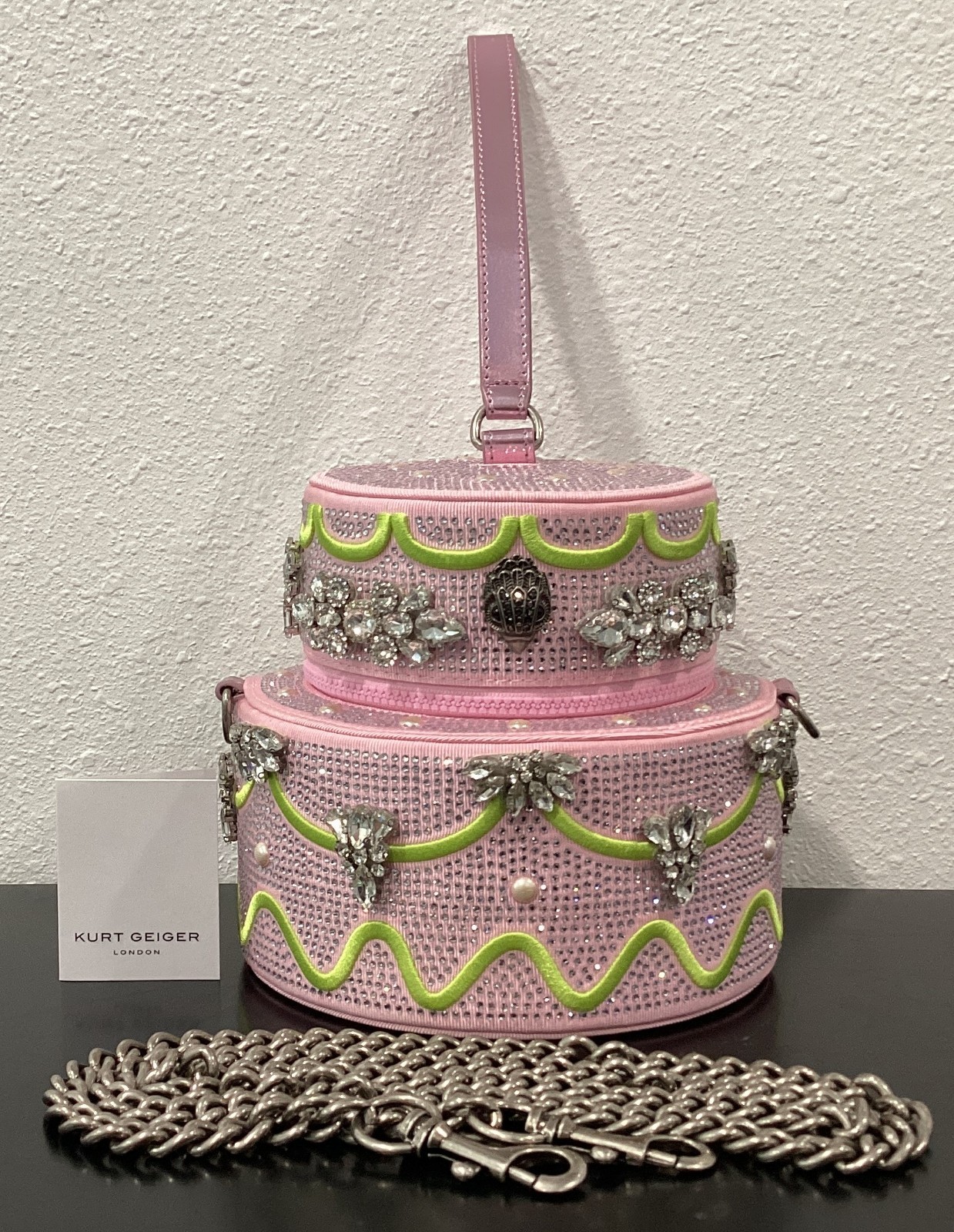 Kurt Geiger Small Cake 6″ x 6.5″ Pink Fabric Crystals Lime Icing Zip Crossbody