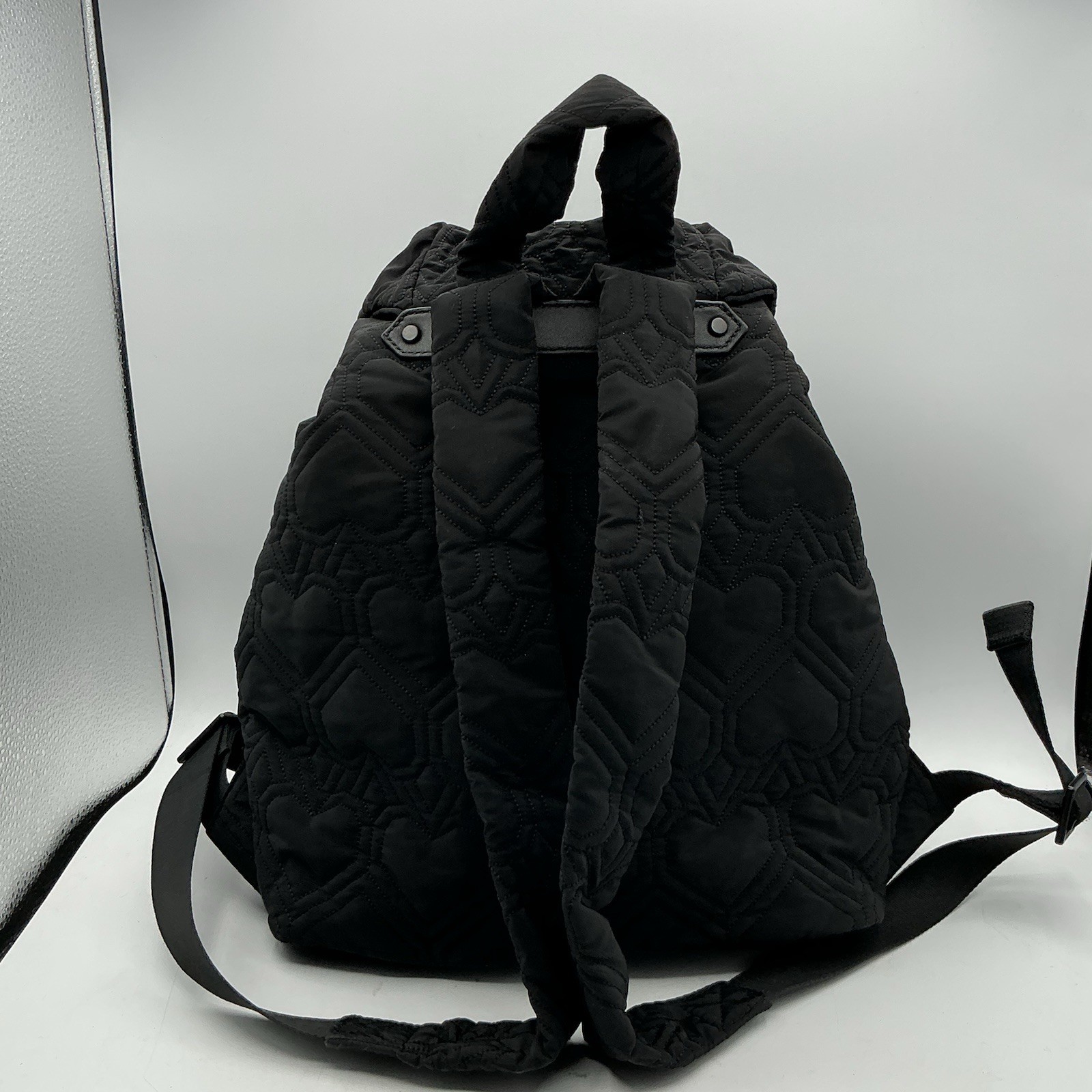 Kate Spade Black Quilted Heart Nylon Backpack Drawstring Front Pockets