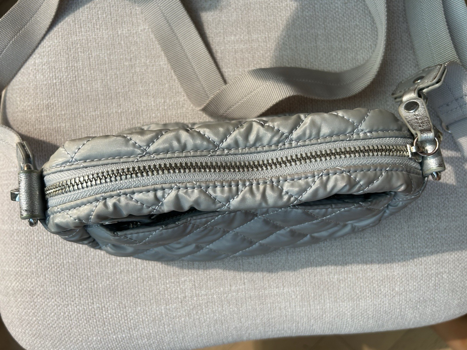MZ Wallace Nylon Quilted Mini Crosby Crossbody Bag Metallic Light Gray