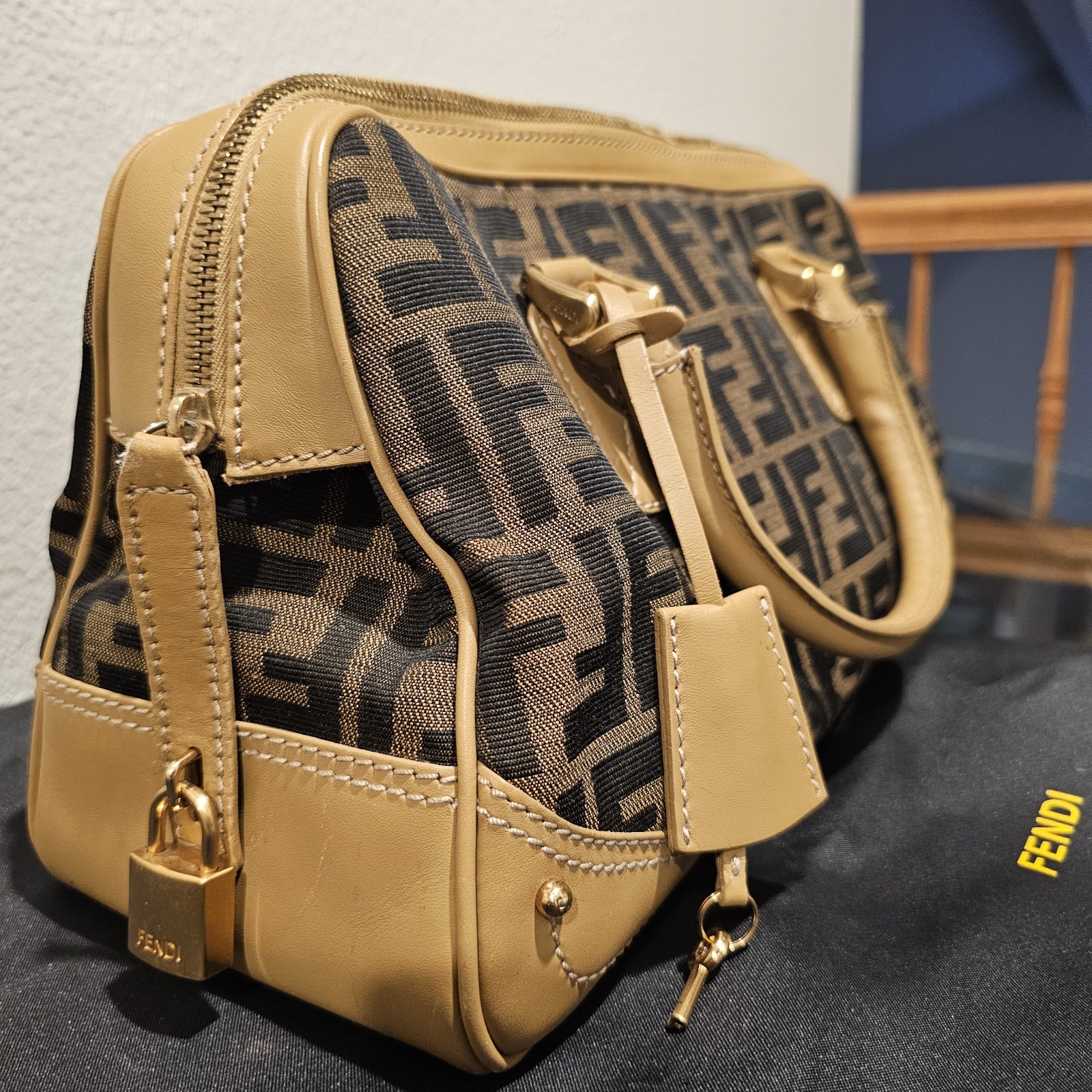 Authentic Vintage Fendi Zucca Canvas Leather Mini Boston Bag Beige/Black